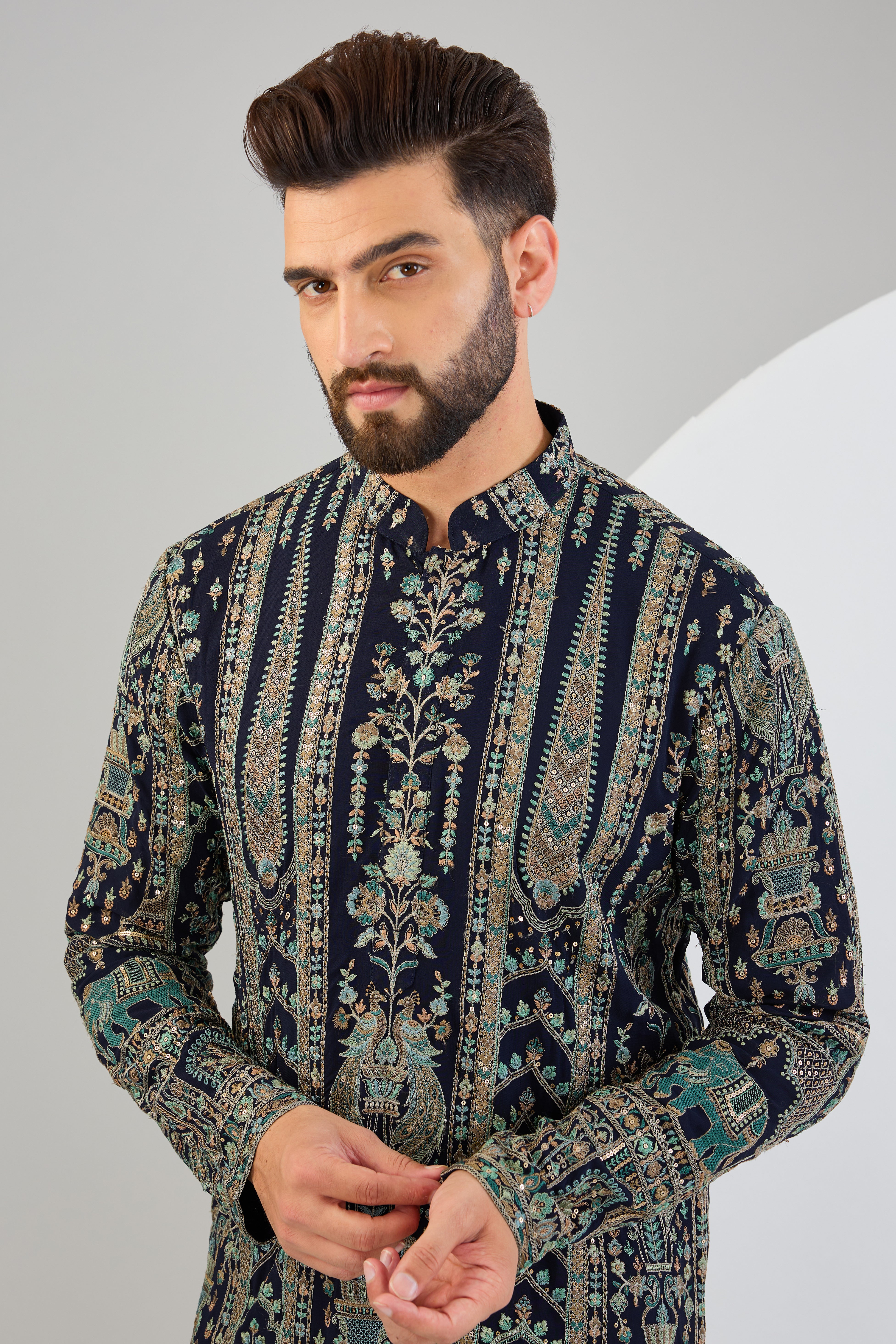 Elegant Navy Blue Chikankari Kurta with Intricate Floral & Fauna Embroidery - Perfect for Festivals, Weddings & Ethnic Occasions