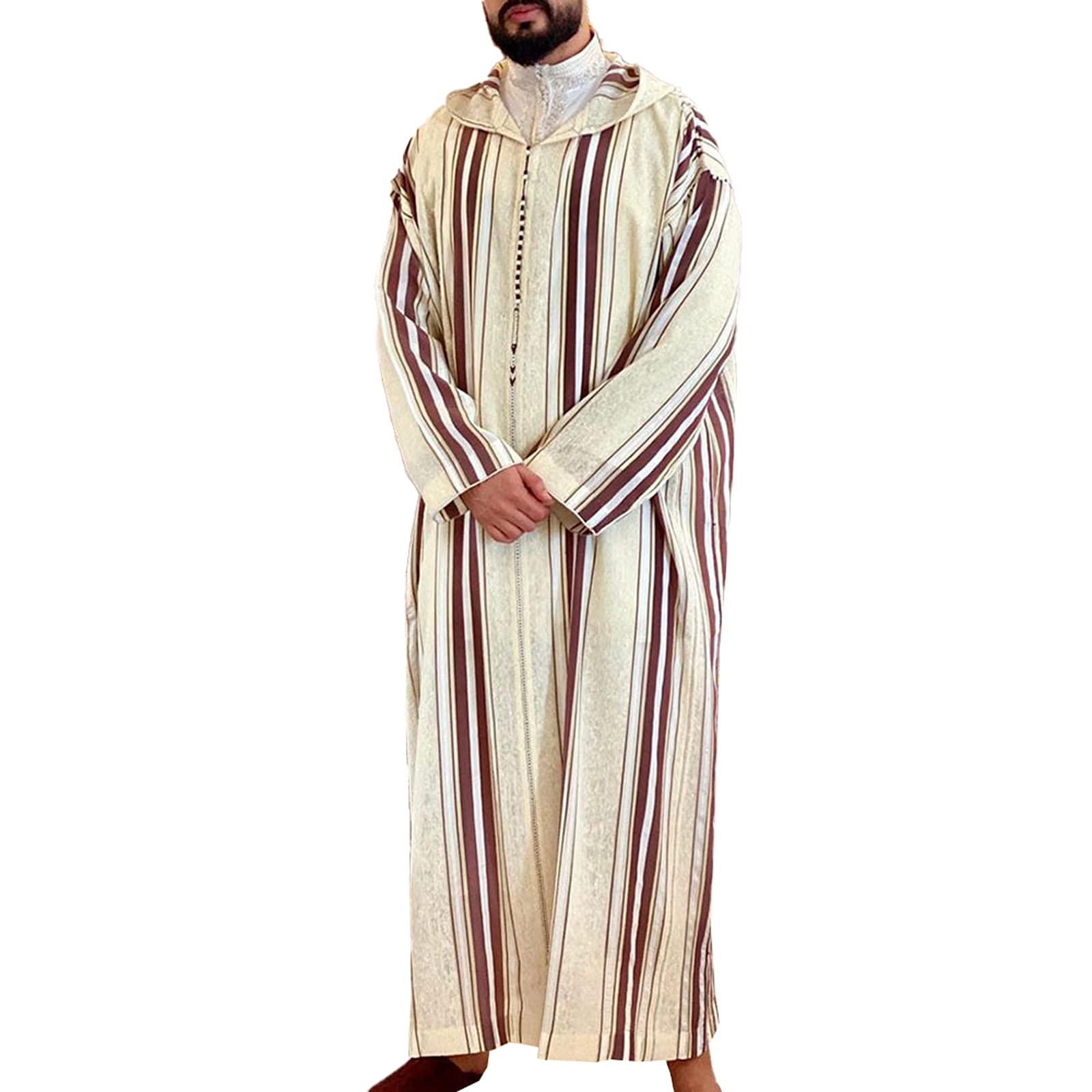 Islamic Arabic Men's Djellaba Dubai Abaya Muslim Kaftan - Middle Eastern Loose Casual Hooded Striped Robe Jubba Thobe for Prayer & Daily Wear - Beige