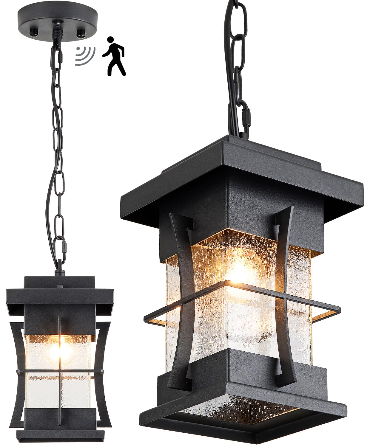 Motion Sensor Outdoor Pendant Light with Dusk to Dawn Auto On/Off - Adjustable Chain Hanging Lantern in Black with Seeded Glass - Perfect for Patio, Front Porch, Garden, and House Exterior Lighting