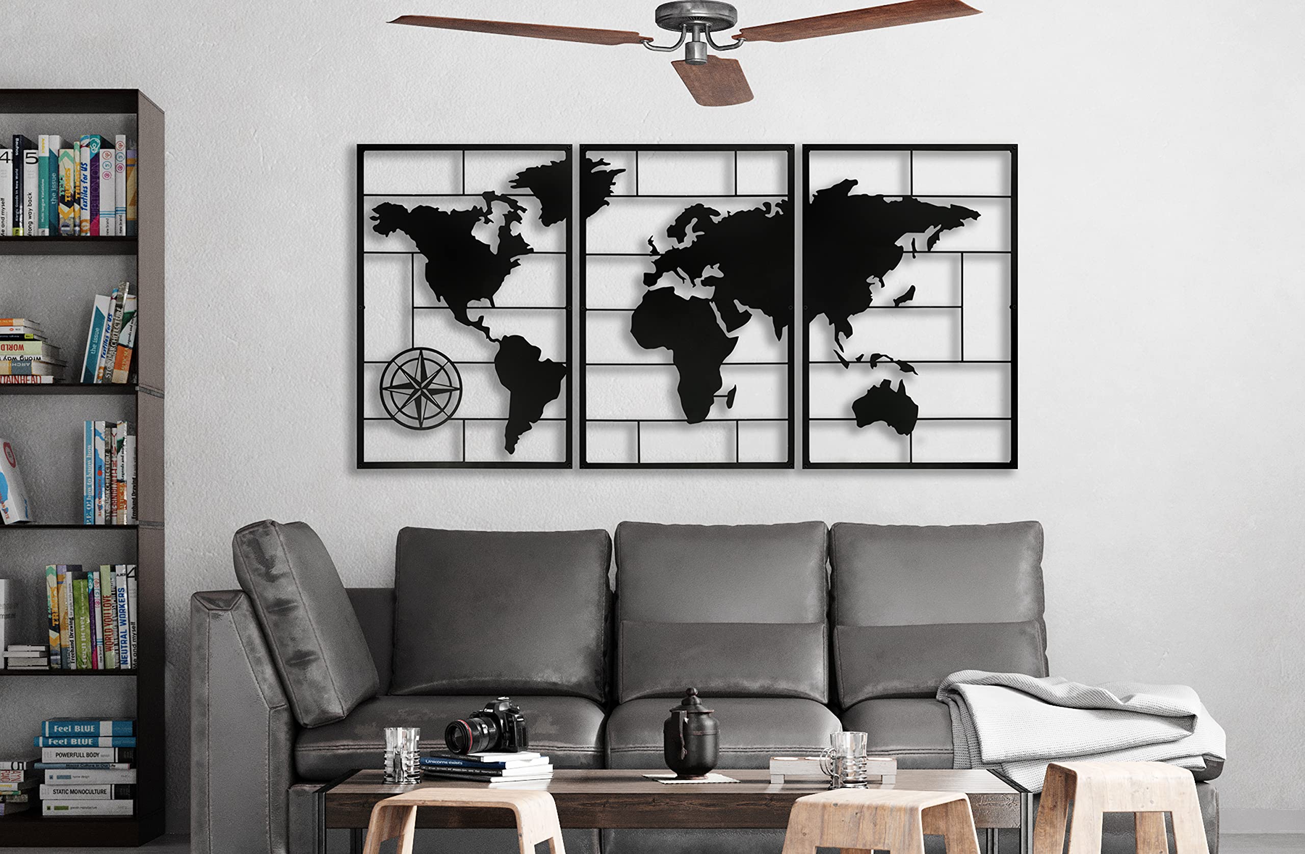 Baupor 3-Piece Black Metal World Map Wall Art Set - 47