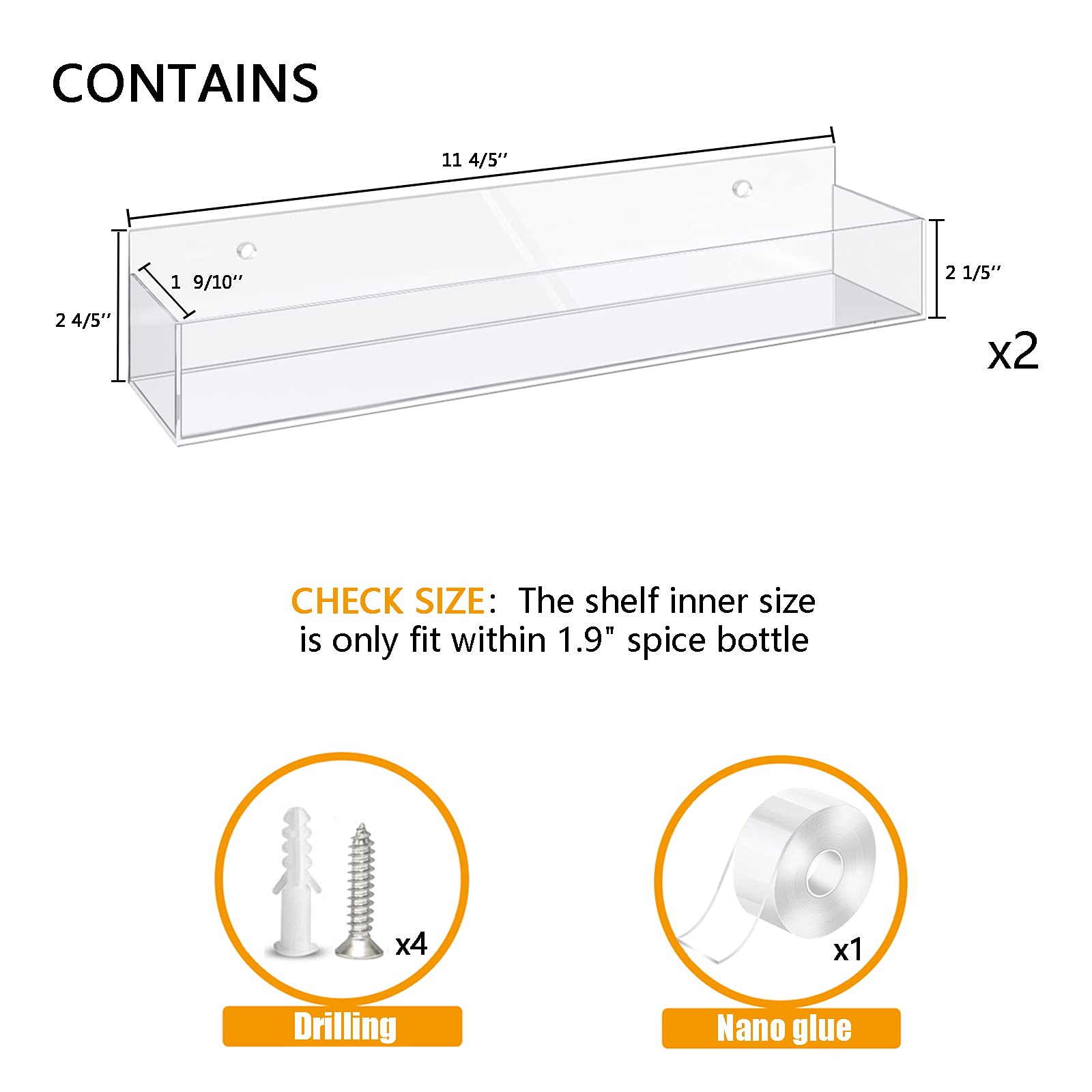 VAEHOLD Clear Adhesive Acrylic Spice Rack - 2 Pack Wall Mount Organizer with Nano Double Sided Tape & Shelf Ends for Kitchen Cabinet Door (11.8 Inch) - Perfect for Small Space Organization & Spice Storage