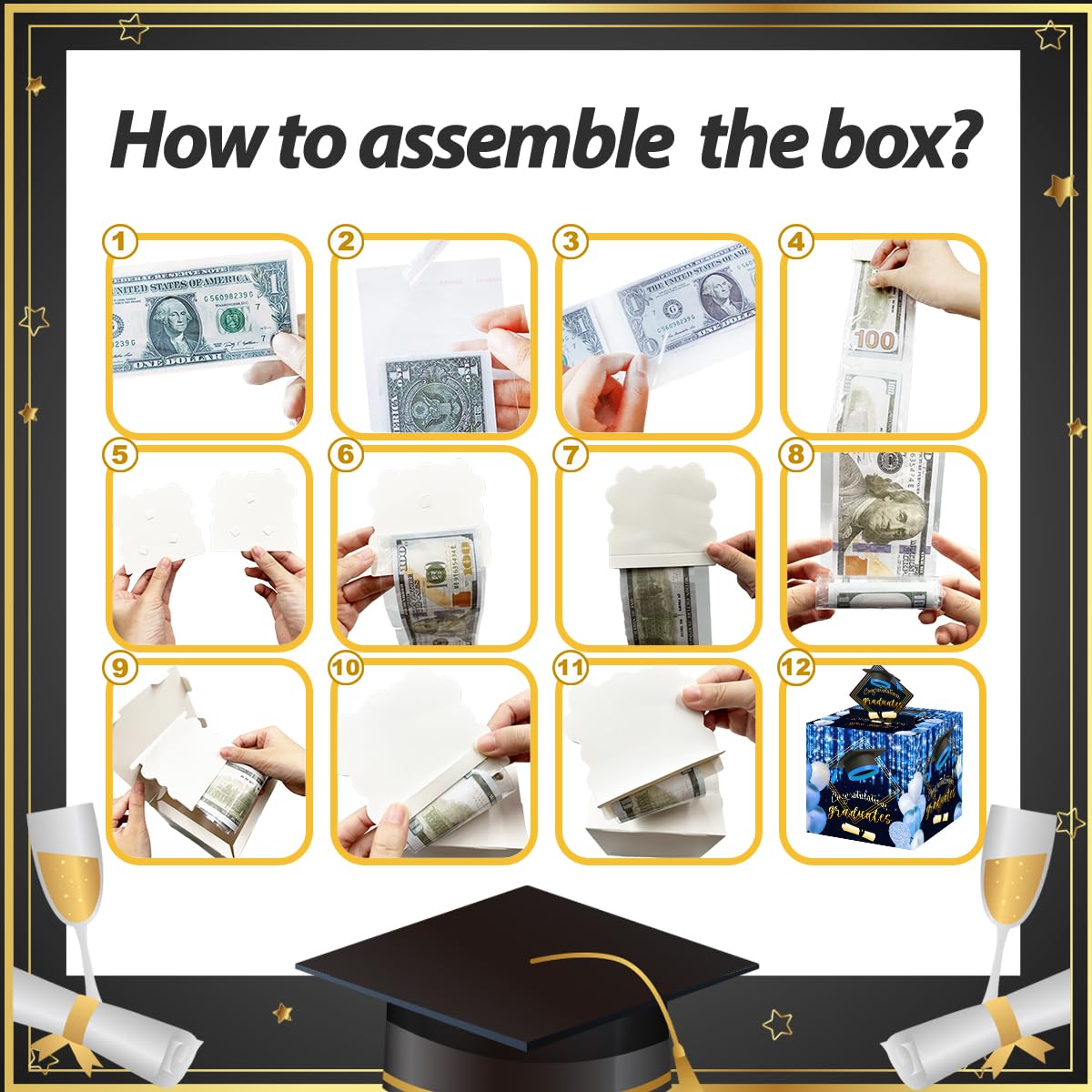 Sirjiera Graduation Money Box - Cash Gift Pull Surprise Box for Graduation Gifts (Men & Women) - Fun Graduation Party Decor in Black & Blue - Includes 35 Plastic Bags - Perfect for Graduation Parties, Gifts & Celebrations