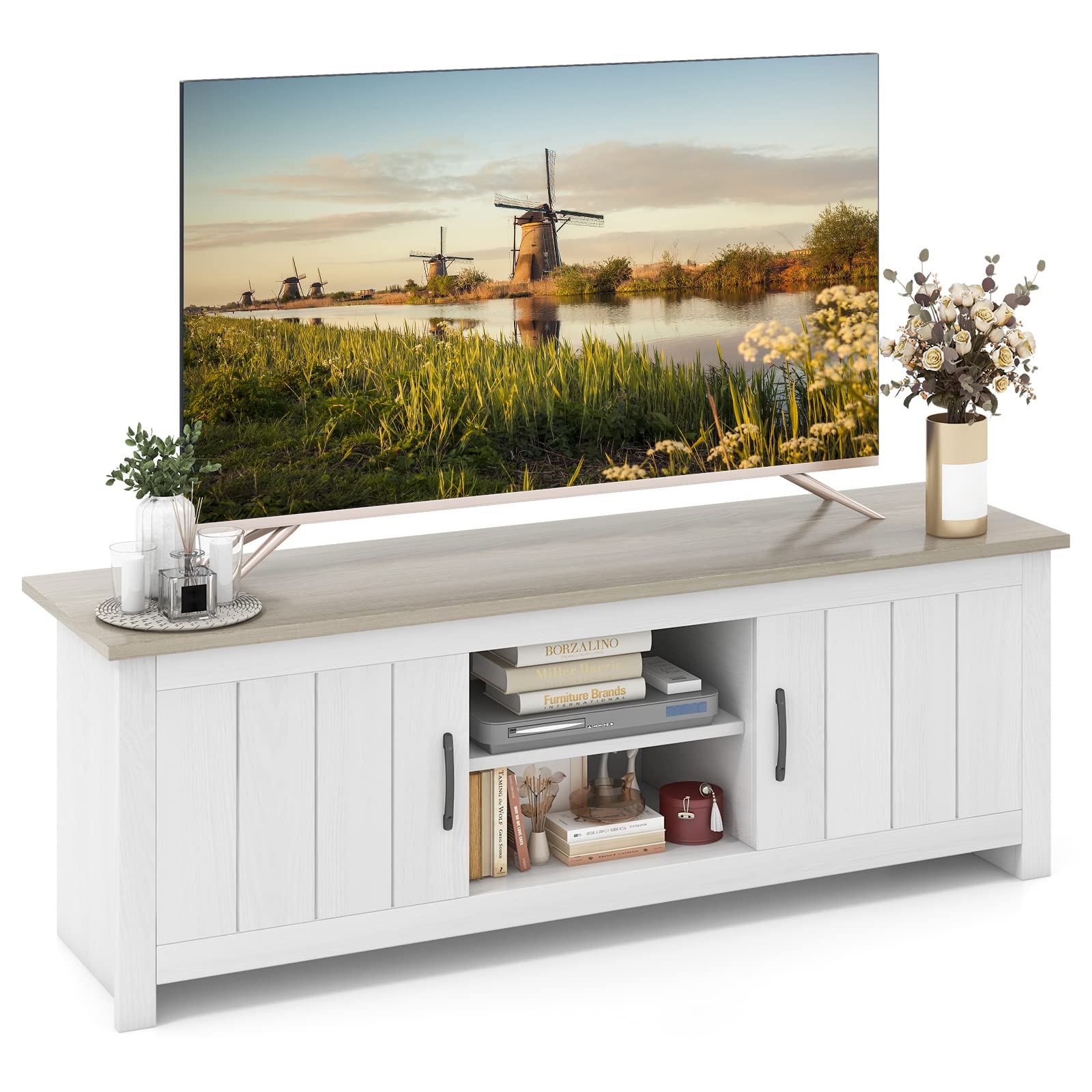 Tangkula 65 Inch TV Stand with 2 Doors & Open Shelves - Wooden Media Console for Living Room, 2 Storage Cabinets & Cable Management Holes - Perfect for Home Theater & Entertainment Systems (White Oak Finish)