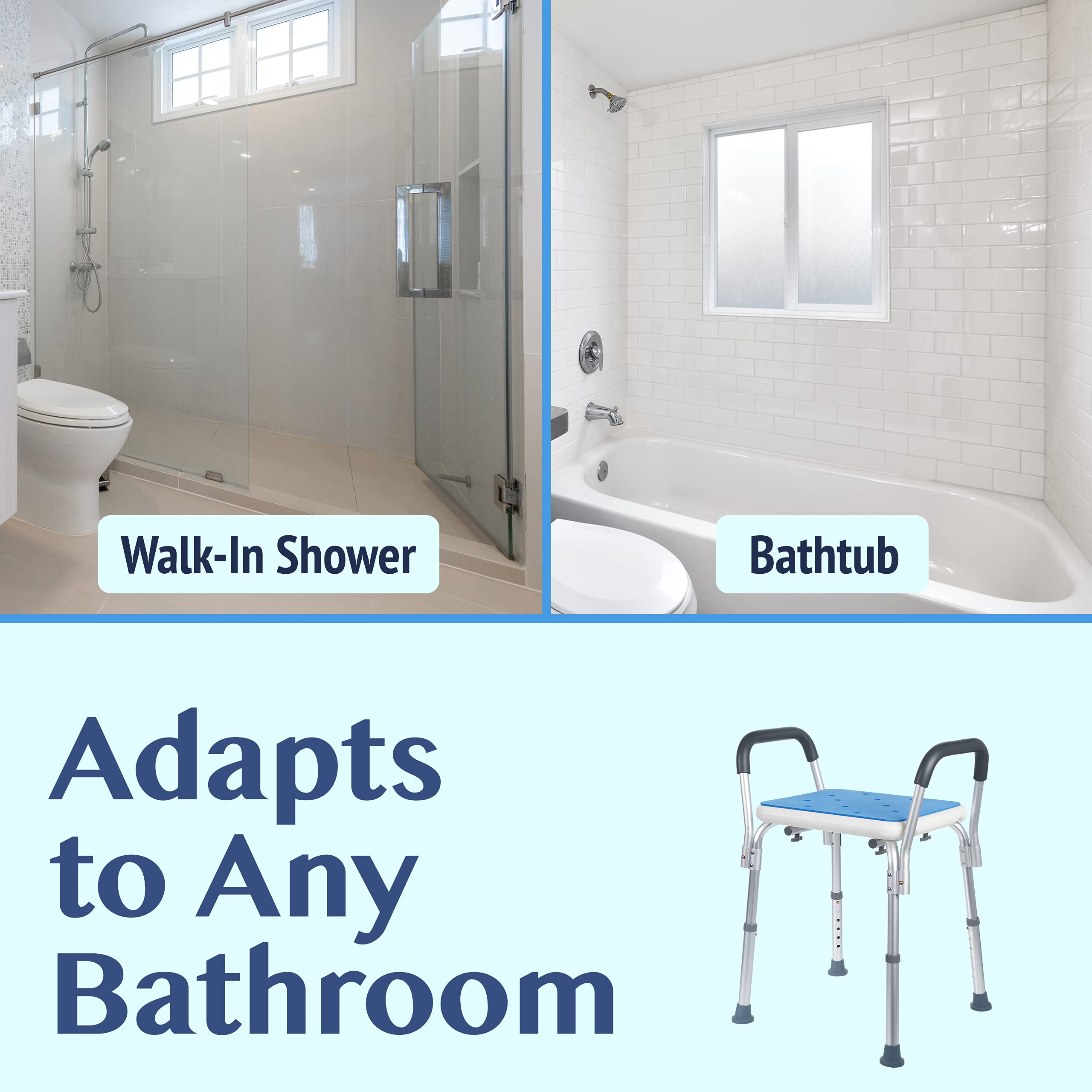 Medokare Padded Shower Chair with Handles & Tote Bag - Non-Slip Bath Stool for Seniors & Adults, Adjustable Shower Bench for Elderly & Handicap, White Bathroom Safety Seat with Rail - Ideal for Bathroom Safety & Mobility Assistance