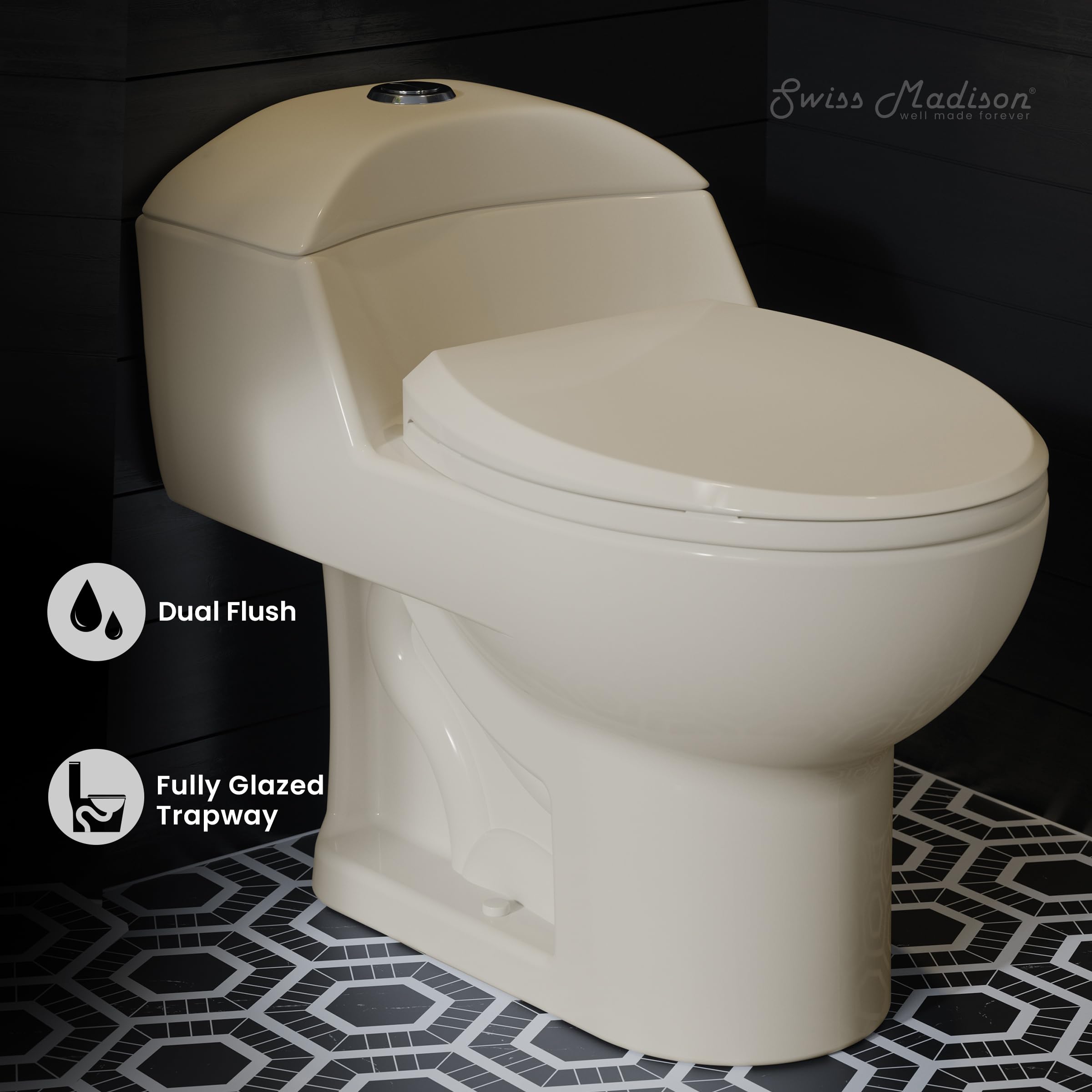 Swiss Madison SM-1T803BQ Chateau One Piece Elongated Dual Flush Toilet 0.8/1.28 GPF - Water Efficient Bisque Toilet for Modern Bathrooms | Perfect for Home Renovation & Small Bathroom Spaces