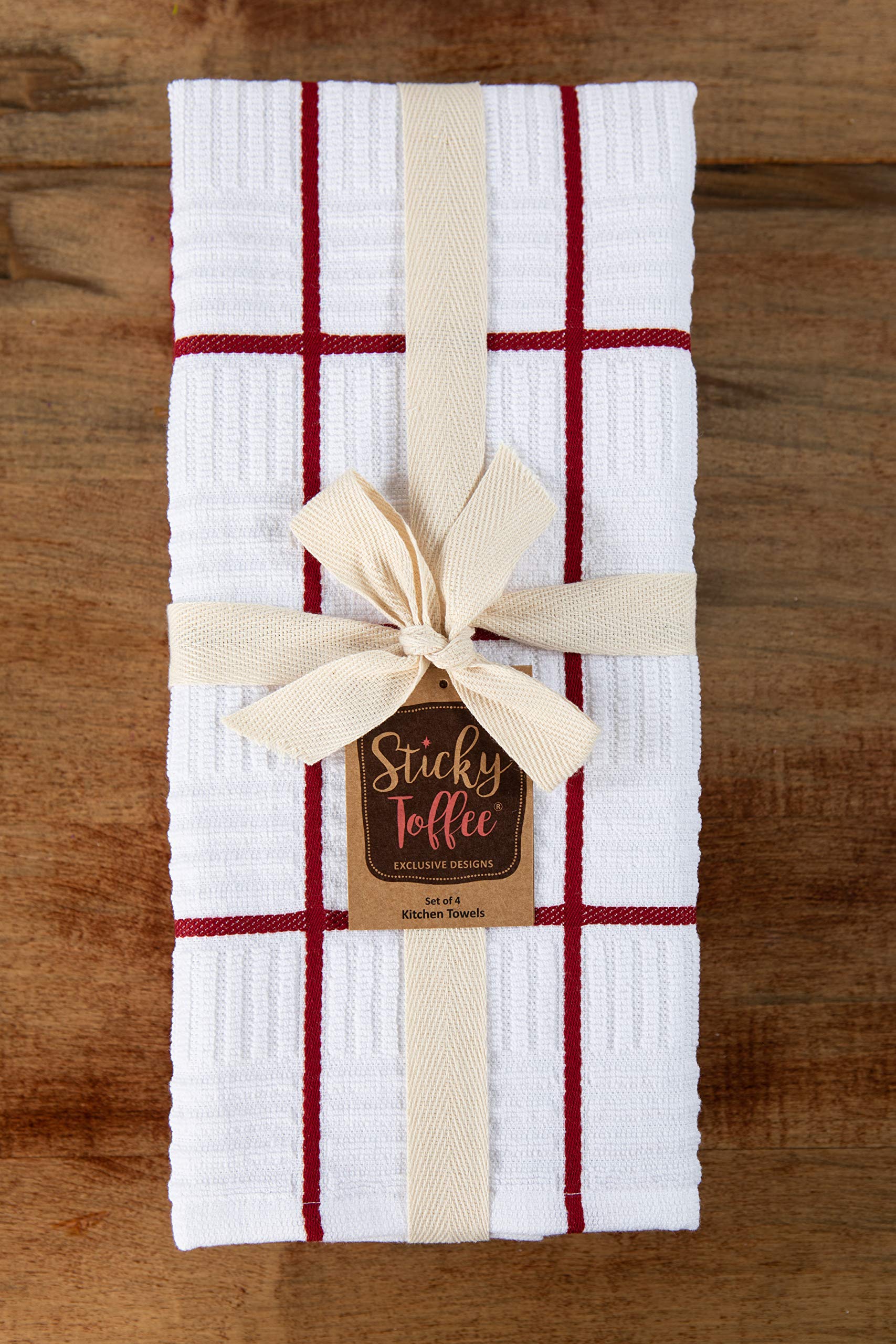Premium 100% Cotton Kitchen Dish Towels Set of 4 - Absorbent & Reusable Red & White Hand Towels, Tea Towels & Cleaning Cloths (28x16 Inch) | Oeko-Tex Certified | Perfect for Drying Dishes, Wiping Countertops & Kitchen Decor
