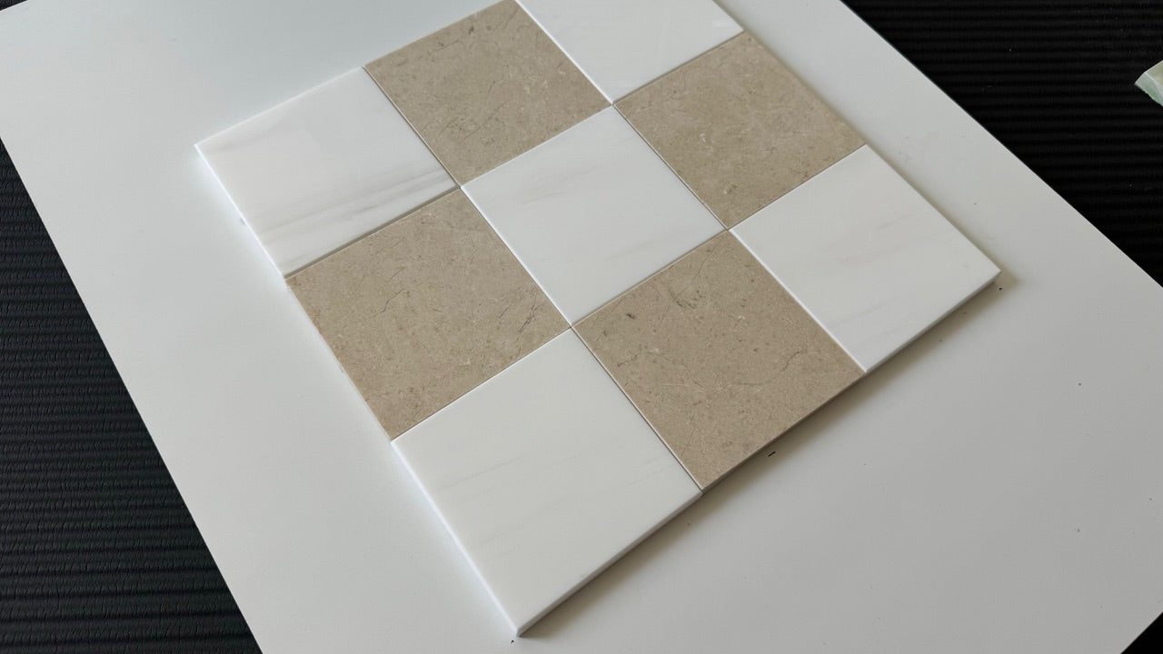 Crema Marfil & Bianco Dolomite Checkerboard Tiles - Polished or Honed Finish - Perfect for Bathroom Floors, Kitchen Backsplash & Luxury Interior Design