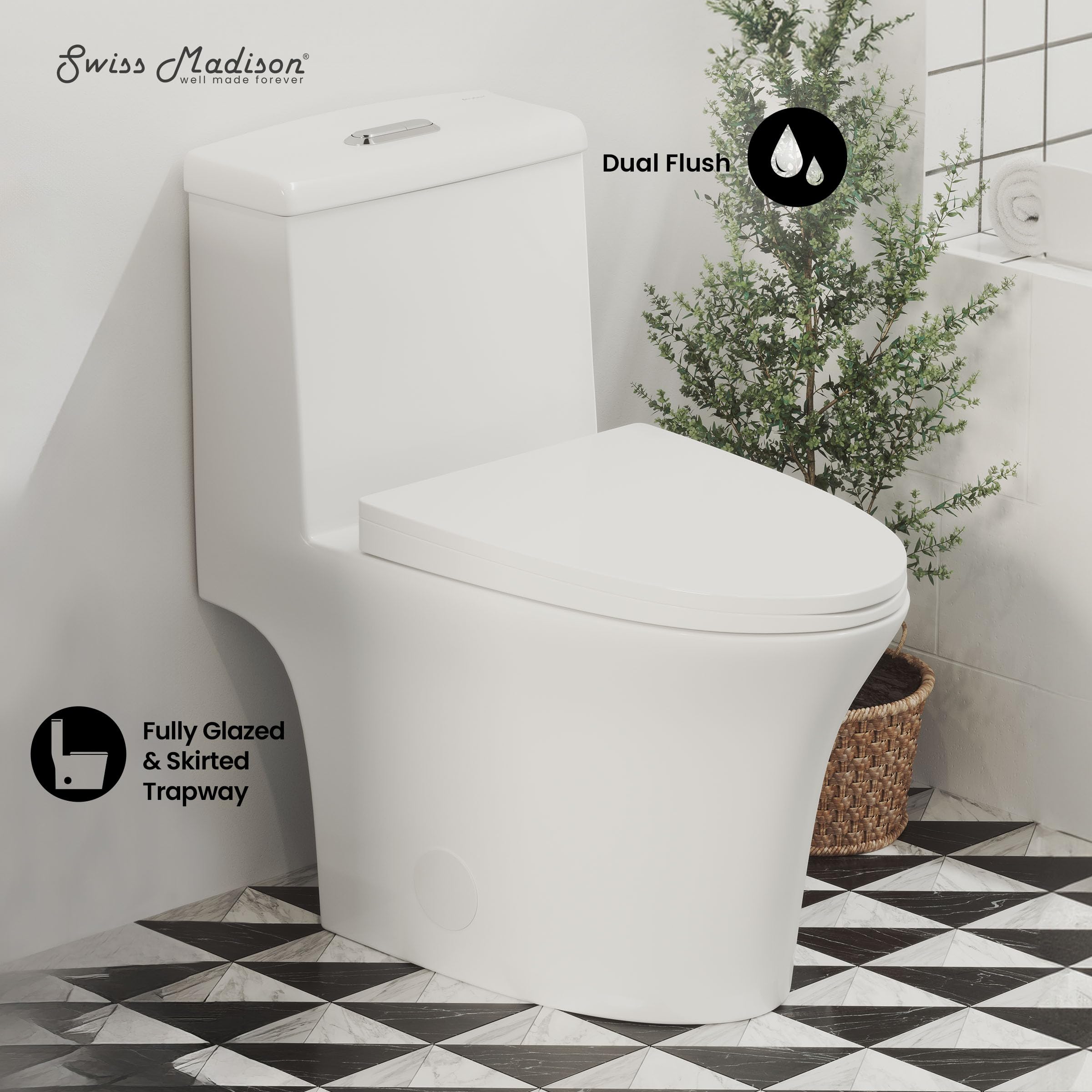 Hugo One Piece Elongated Dual Flush Toilet 1.1/1.6 GPF - Water Efficient Modern Bathroom Toilet for Home & Commercial Use