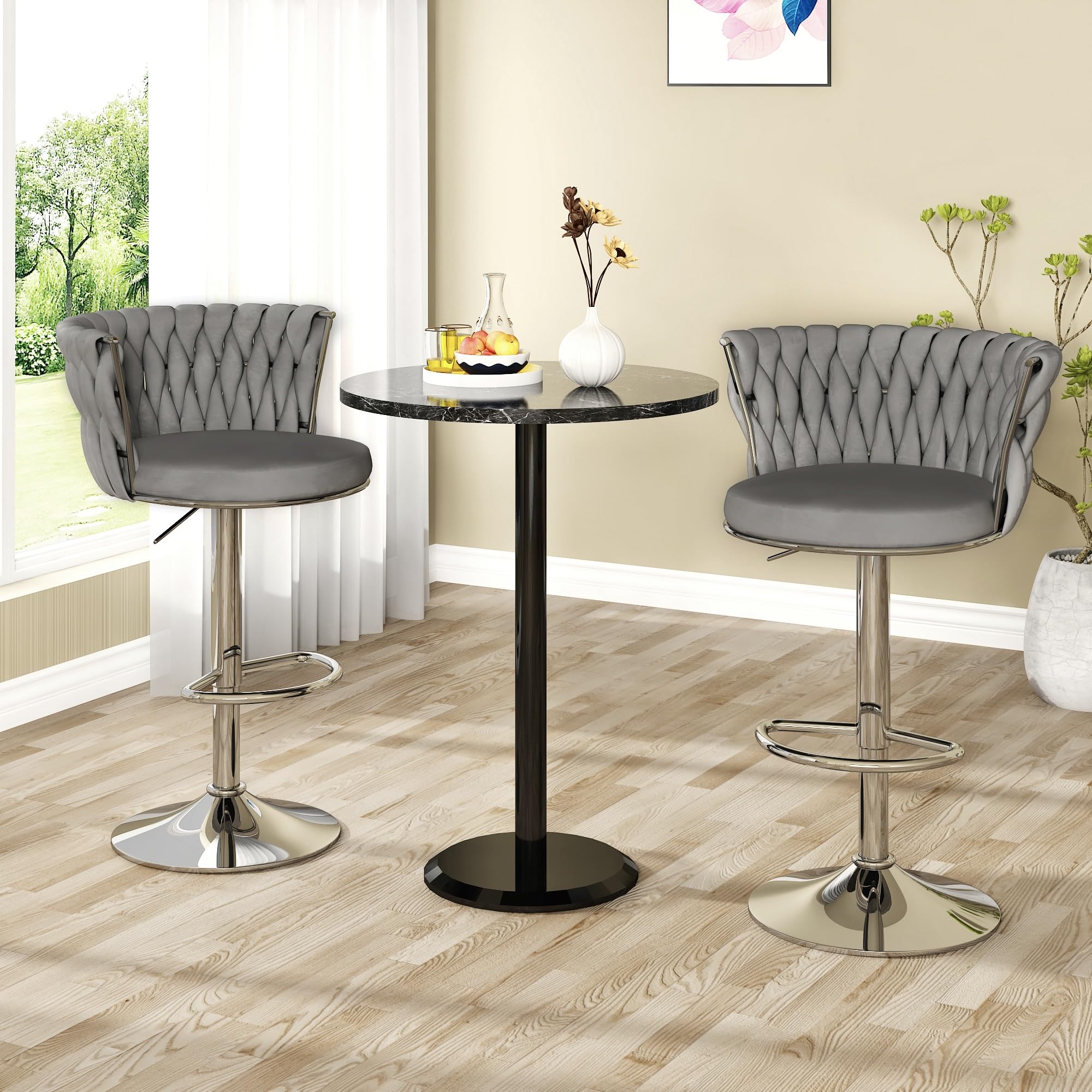 AWQM Velvet Bar Stool Set of 2 - Adjustable Height Swivel Kitchen Island Chairs with Back Support & Footrest, Soft Upholstered Counter Stools for Dining Room, Bar or Home Decor (Grey) - Perfect for Breakfast Nooks, Kitchen Islands and Entertaining Guests