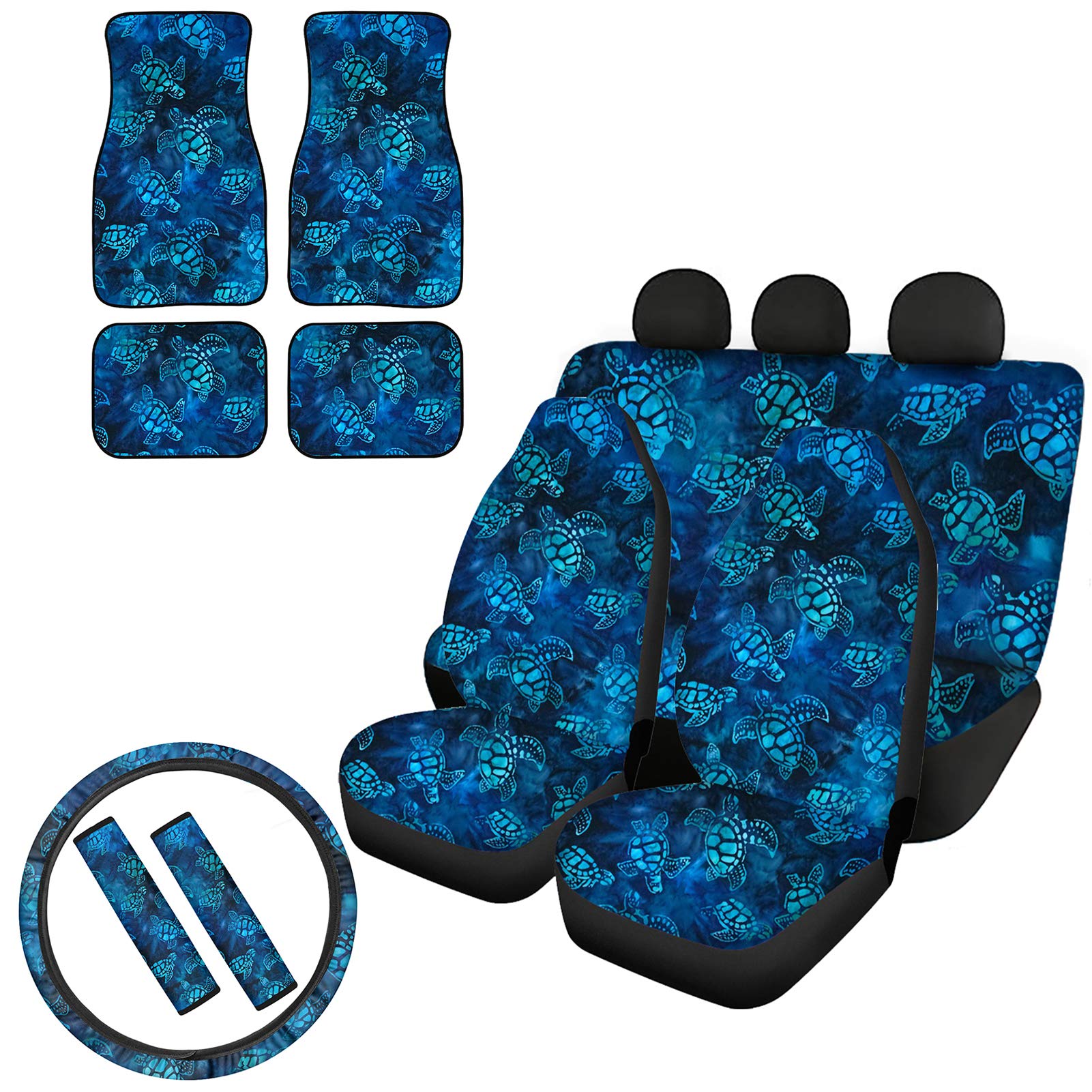 GLENLCWE Underwater Sea Turtle Print Car Seat Covers Full Set - Heavy Duty Floor Mats & Non-Slip Steering Wheel Cover for Women & Men | Perfect for Beach Lovers, Summer Road Trips & Ocean-Themed Vehicle Decor