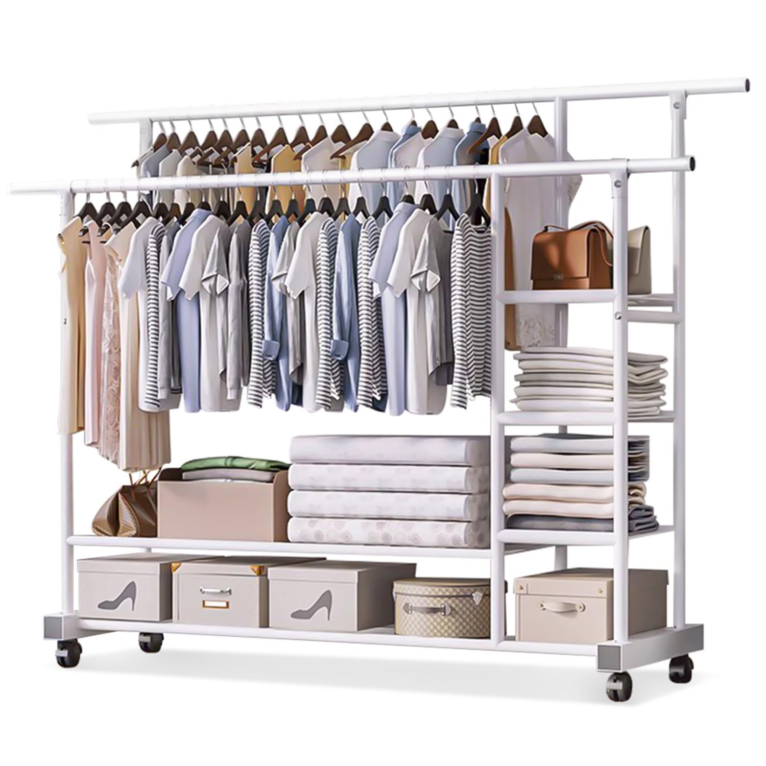 MONKLE - Rolling Floor Coat Rack with Wheels, Freestanding Clothes Stand for Bedroom/Entryway, White - Space-Saving Organizer for Jackets, Hats & Bags