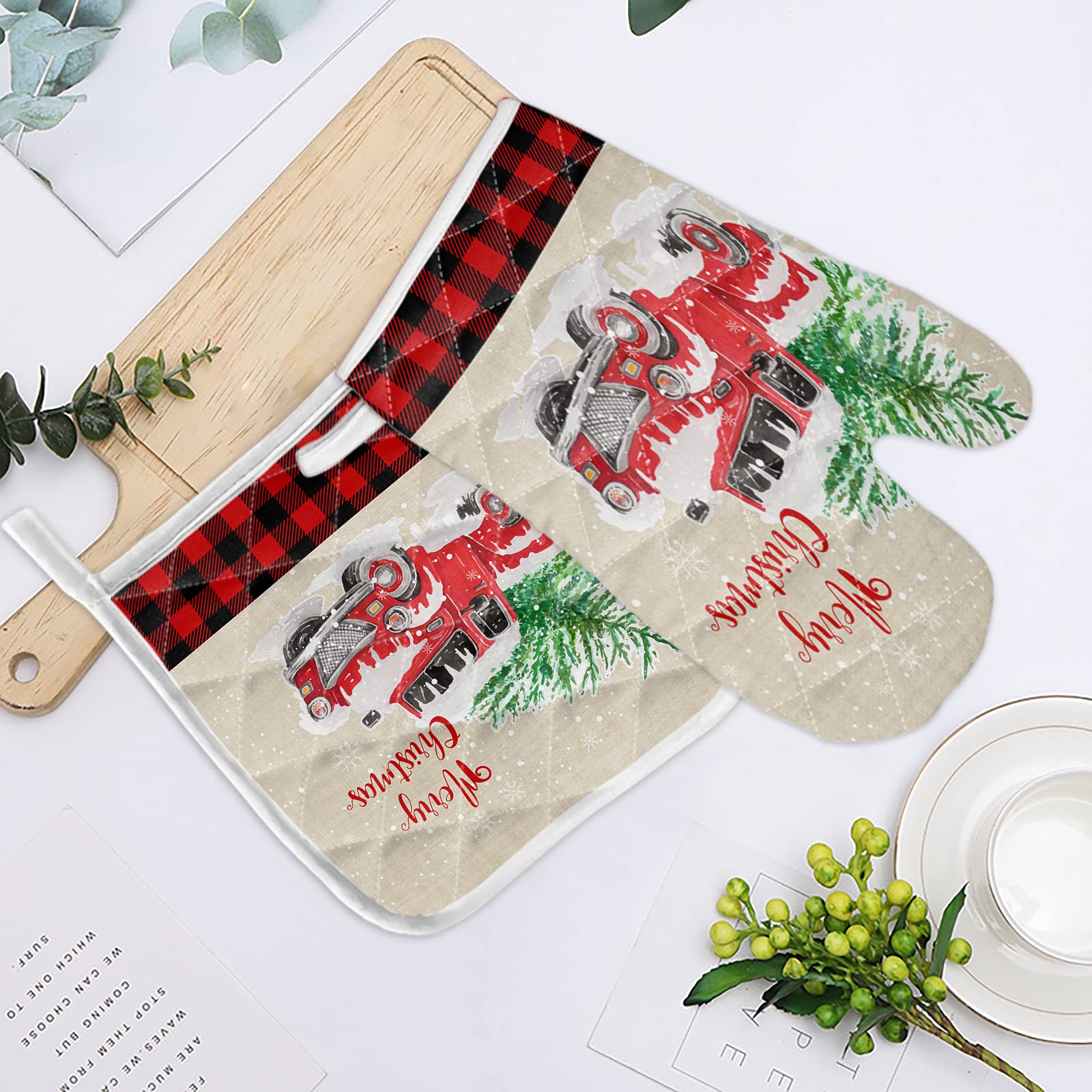 Premium Anti-Skid Oven Mitts for Baking, Grilling & Microwave - Insulated Heat Resistant Gloves with Rustic Truck & Christmas Tree Design - Perfect for Holiday Cooking, BBQ & Kitchen Safety (Red Plaid)