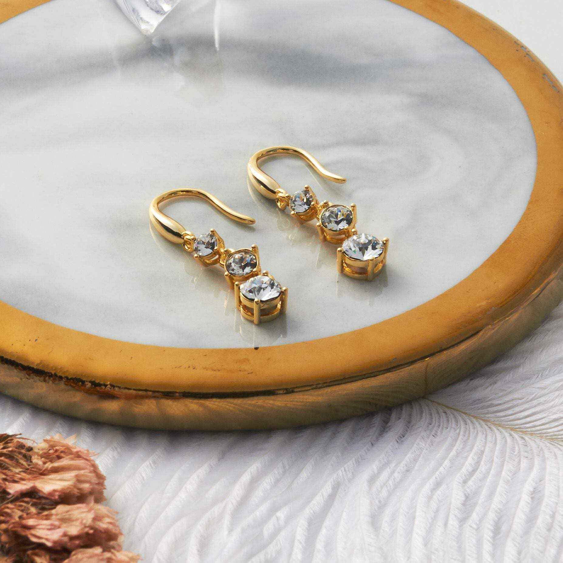 Gold Plated Drop Earrings with Zirconia Crystals for Women - Elegant Party Jewelry