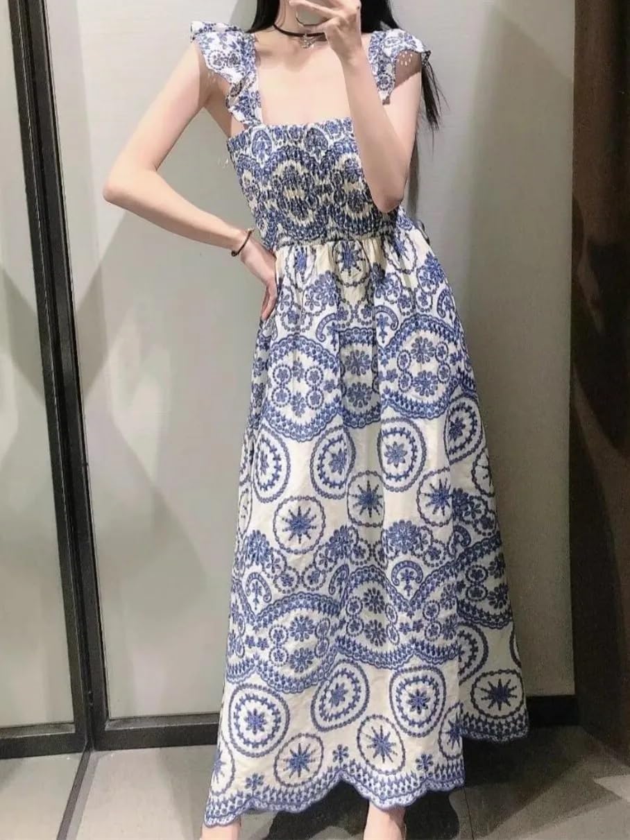 Floral Embroidery Backless Dress for Women - Hollow Out Ruffled Strap Midi Dress for Holiday, Party & Summer Outings