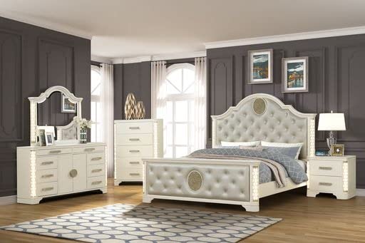5 Piece Luxury Bedroom Set with Upholstered Queen Bed Frame, Nightstand, Dresser, Mirror & Chest - Modern LED Light Bedroom Furniture for Master Suite & Guest Room Decor