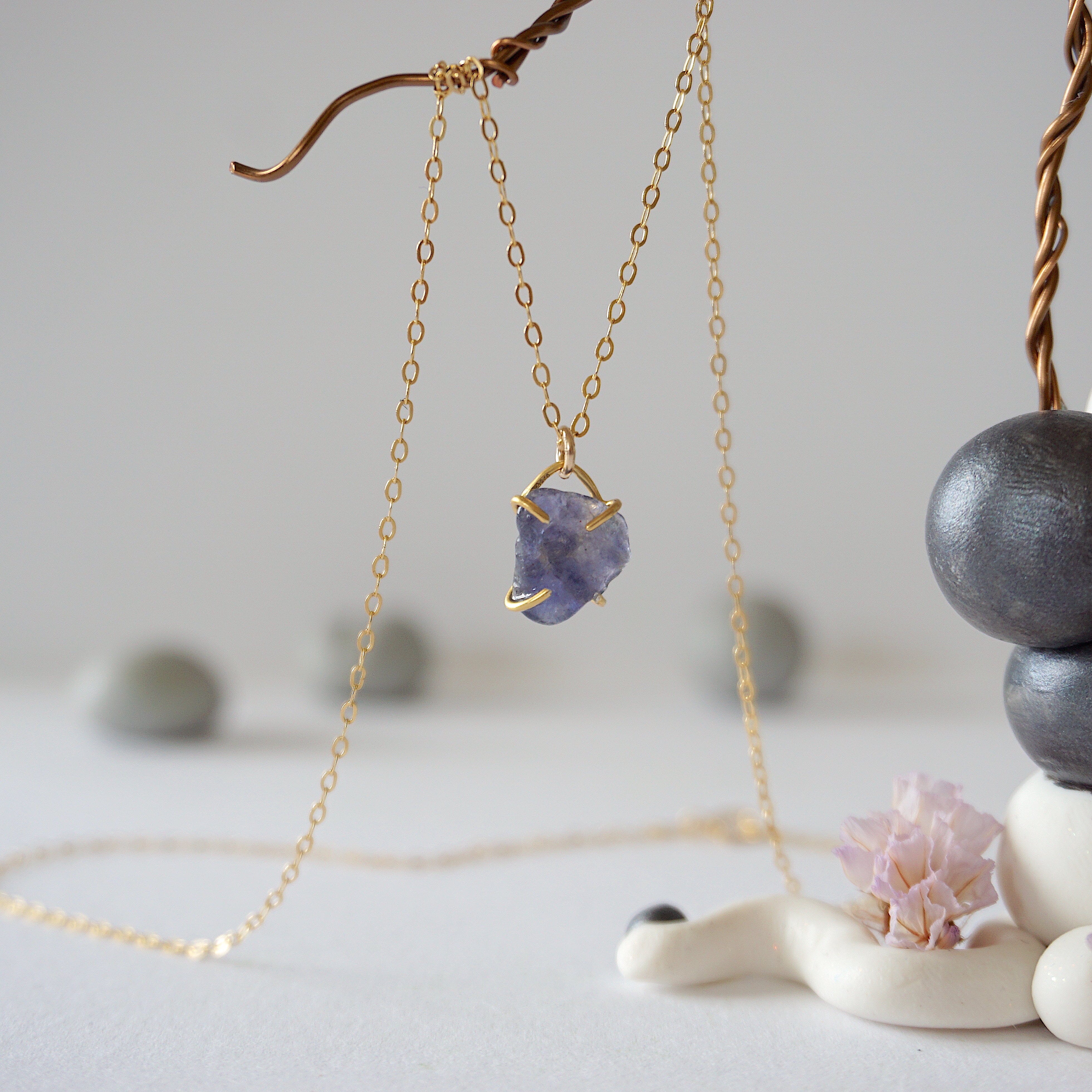 Iolite Sapphire 14K Gold Filled Huggie Charm Necklace for Women - Elegant Dainty Jewelry Gift for Birthday, Anniversary & Valentine's Day