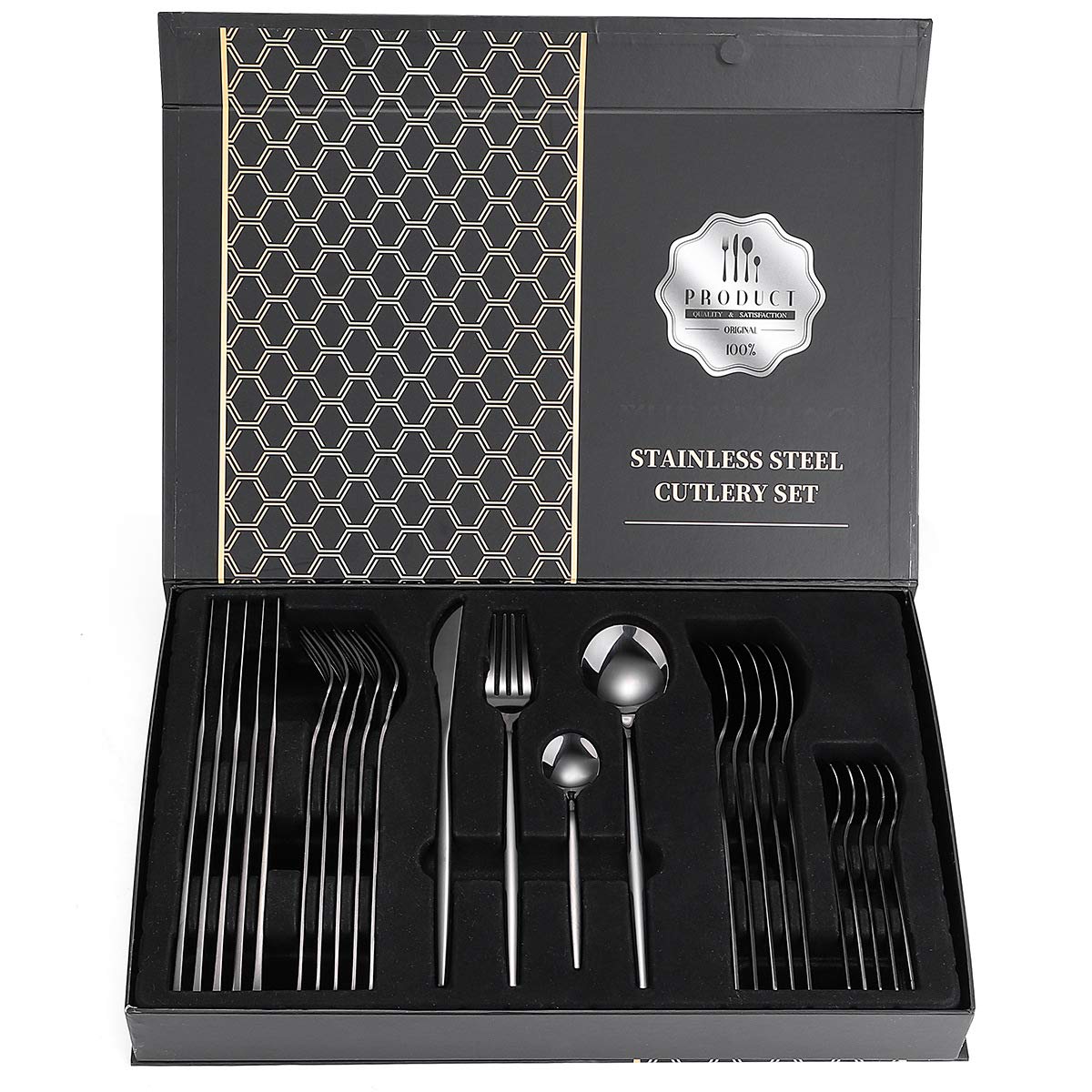 24-Piece Black Stainless Steel Flatware Set - 304 Stainless Steel Silverware with Forks, Spoons & Knives - Elegant Dinnerware Set for Holiday Gifting, Wedding Registry & Formal Dining (Black)