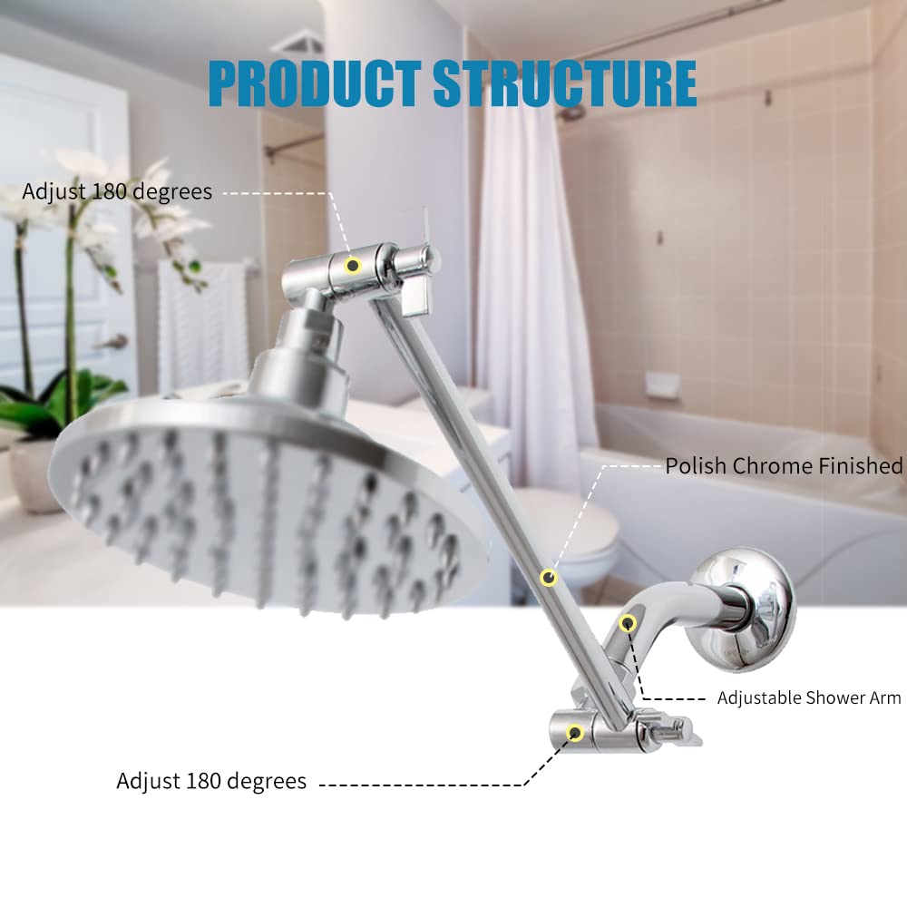 11 Inch Adjustable Shower Arm Extension with Lock Joints - Polished Chrome Brass Shower Head Extension for Handheld & Rainfall Showerheads - Perfect for Bathroom Renovation & Spa-Like Shower Experience