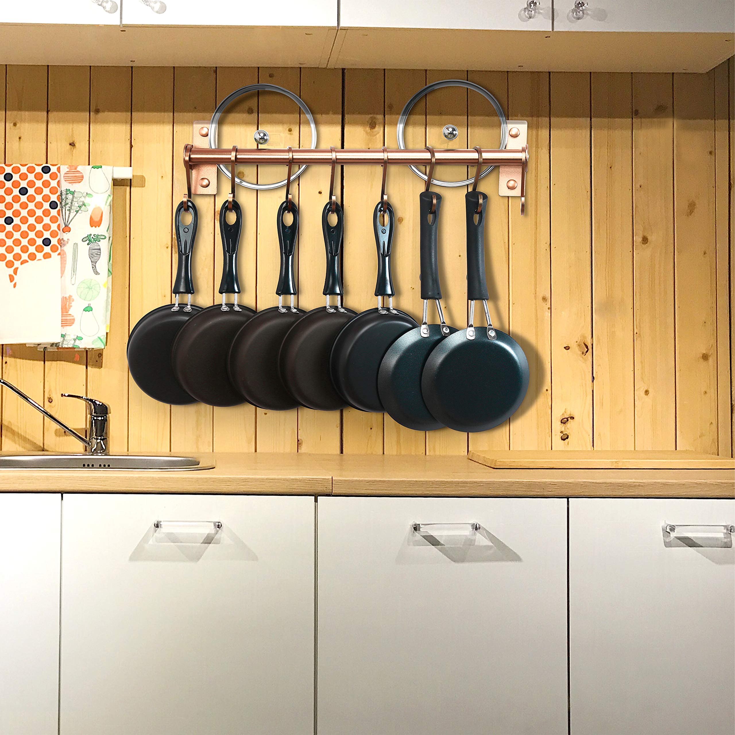 Dseap Wall Mounted Kitchen Utensil Holder - Rose Gold Pot and Pan Rack with 8 Hooks for Hanging Cooking Utensils, Mugs, Spoons - Perfect for Small Kitchens and Organized Cooking Spaces