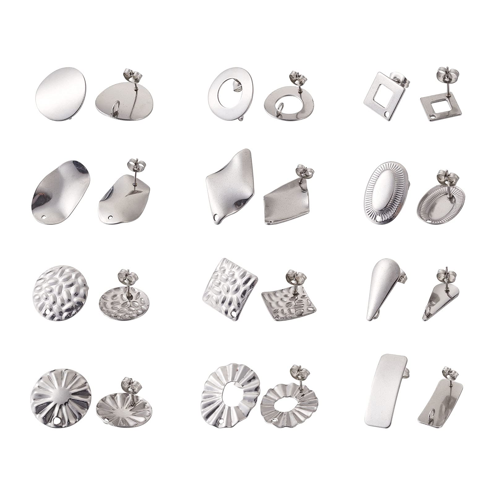 24Pcs Stainless Steel Earring Making Kit - Mixed Shape Stud Earring Findings with Loops & Ear Nuts for DIY Jewelry Crafting - Perfect for Earrings, Necklaces & Bracelets Making