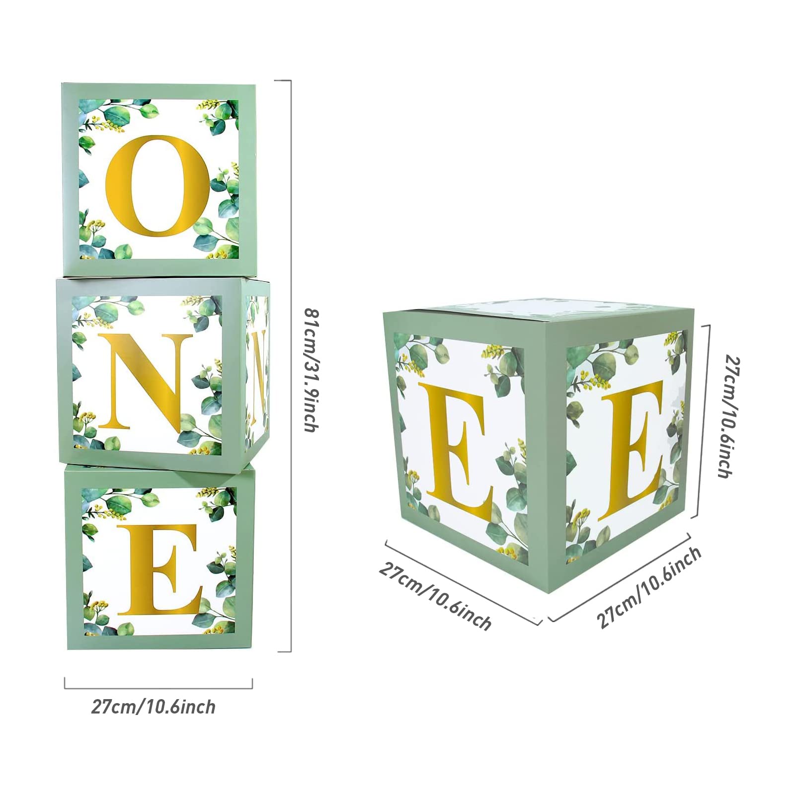 3Pcs Sage Green First Birthday Balloon Boxes with Stamped Letters - Baby Shower & 1st Birthday Decorations for Boys and Girls | Perfect for Birthday Party Backdrops, Cake Table Displays, and Photo Booth Props