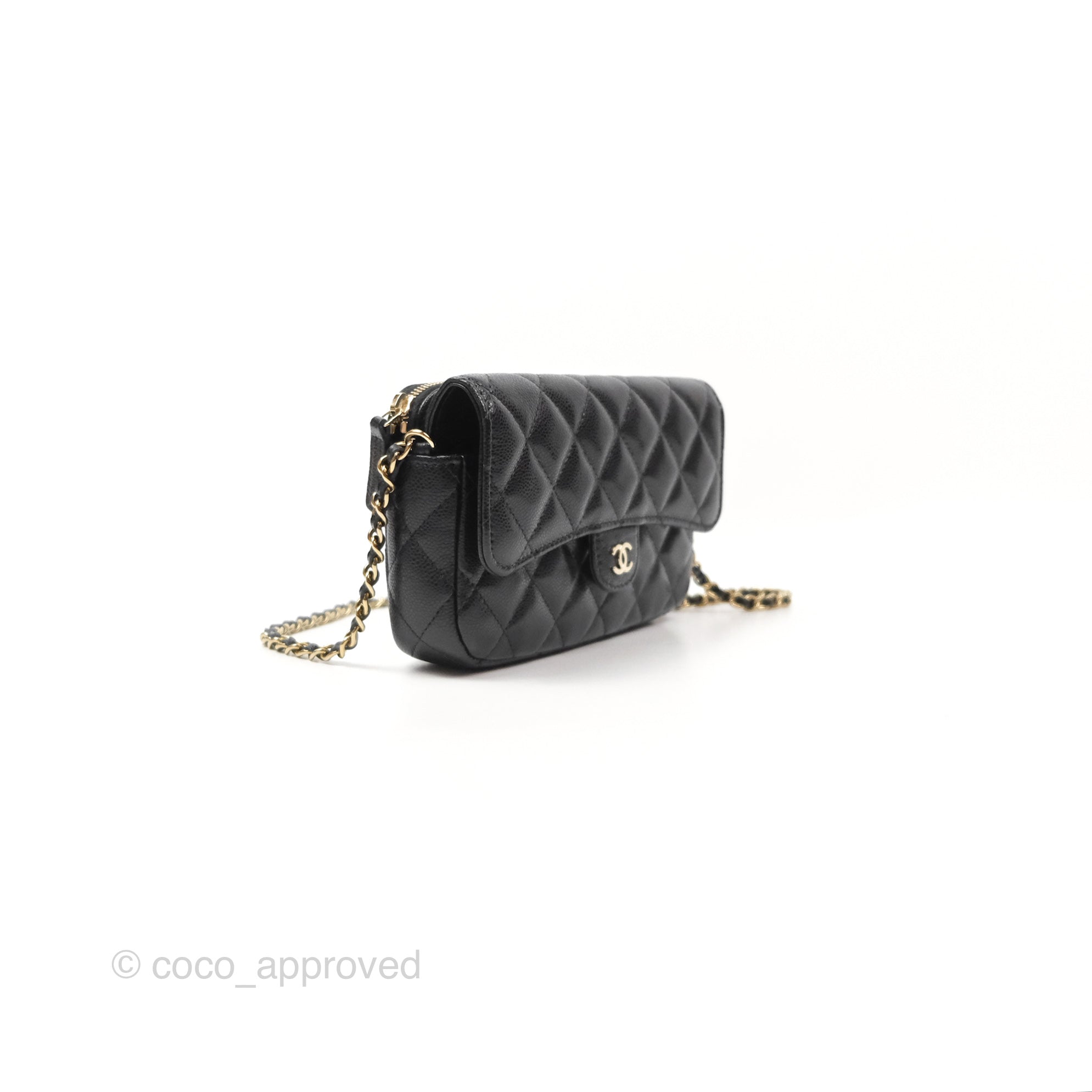 Chanel Classic Flap Phone Holder with Chain - Black Caviar Leather & Gold Hardware | Luxury Phone Crossbody Bag for Women | Perfect for Parties, Shopping & Everyday Use
