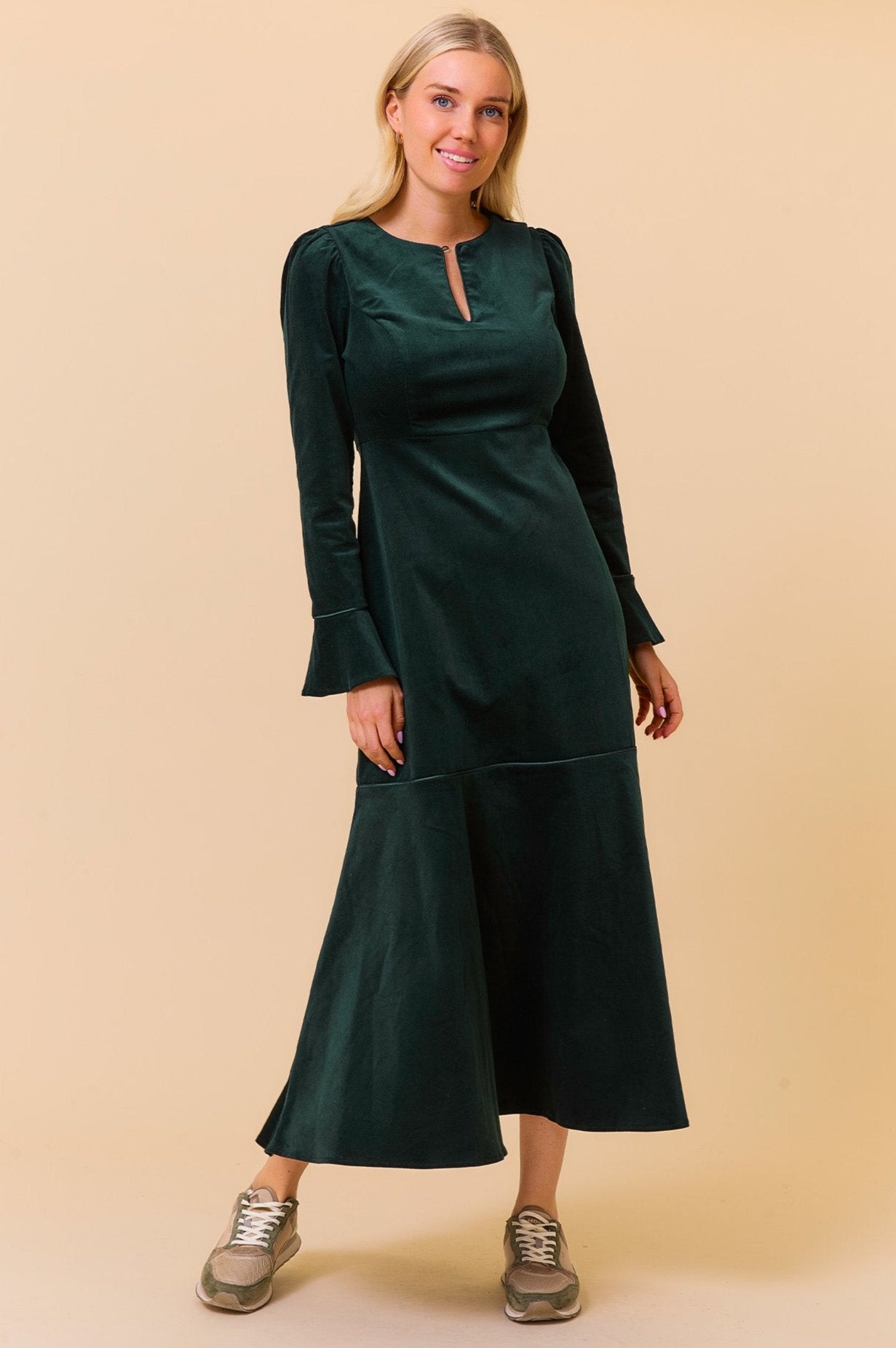 Paloma Round Neck Long Sleeve Stretch Corduroy Dress for Women - Bottle Green | Vintage Style Corduroy Dress for Fall & Winter, Casual Office Wear or Date Night Outfit