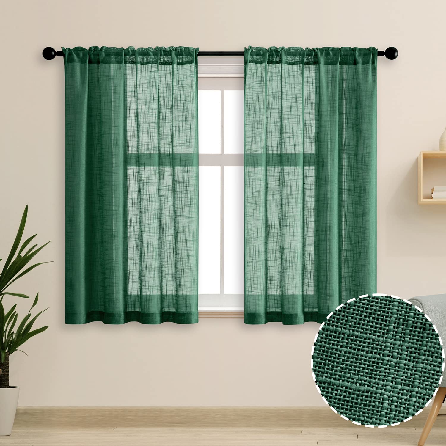 SHINELAND Faux Linen Semi Sheer Kitchen Curtains - Set of 2 Panels (48 Inch Length) - Dark Emerald Green Short Window Treatment for Bathroom & Kitchen Decor | Perfect for Small Windows, Cafe Style & Farmhouse Decor