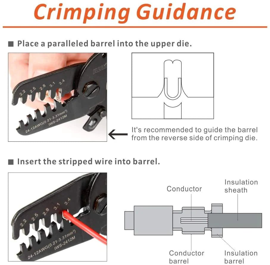 IWS 2412M Open Barrel Crimping Tool for AWG24-12 Terminals - Compatible with JAM, Molex, Tyco & JST Connectors - Perfect for Electrical Wiring, Automotive Repairs & DIY Electronics Projects