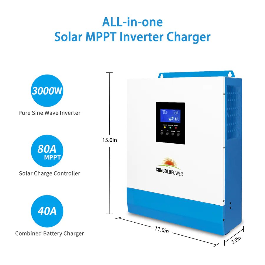 SunGoldPower 3000W 24V Pure Sine Wave Solar Inverter Charger with LCD Display - Perfect for Off-Grid Solar Systems, RVs, Boats & Home Backup Power