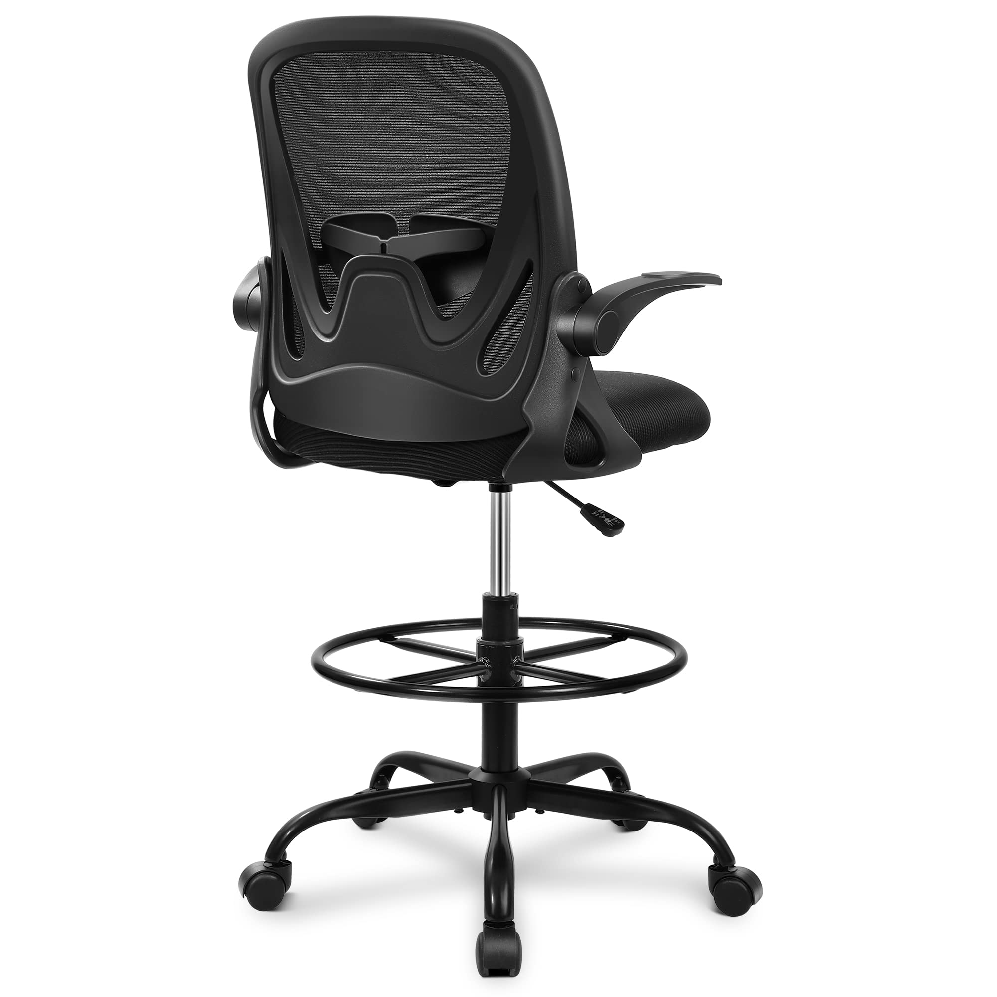 Primy Ergonomic Drafting Chair - Adjustable Height Office Chair with Flip-Up Armrests, Lumbar Support & Footrest Ring - Black Executive Desk Chair for Computer Work, Standing Desks & Home Office Use