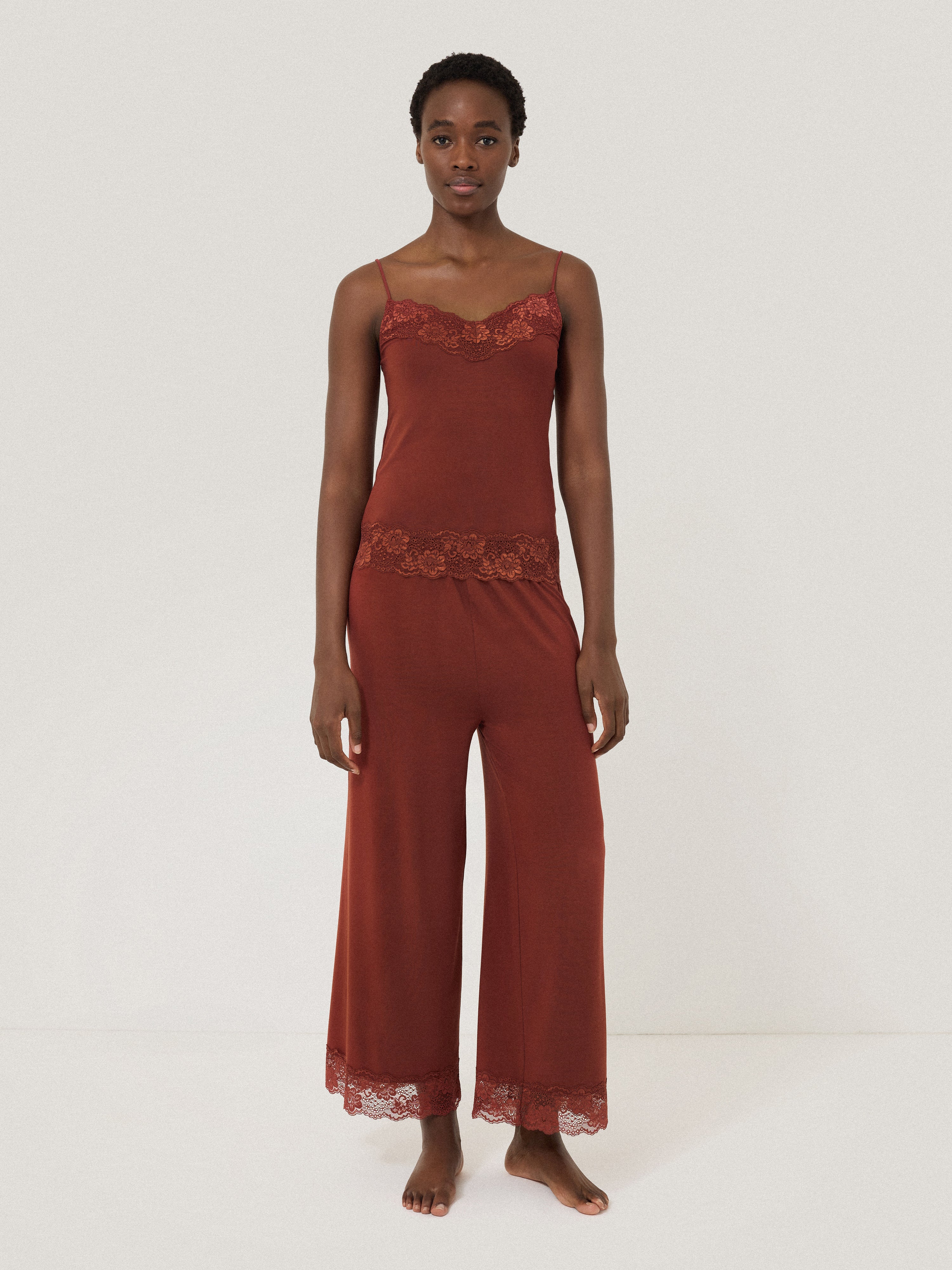 Stylish Red Modal Lace Pants for Women - Comfortable High-Waist Trousers with Floral Lace Design | Perfect for Date Night, Office Wear & Special Occasions