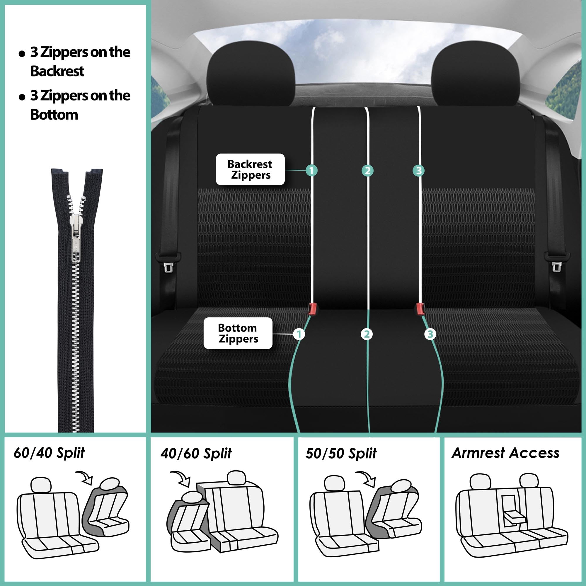 TLH Automotive Seat Covers - Trendy Elegance Rear Only Black Universal Fit Split Bench Car Seat Protector for Cars, Trucks & SUVs | Durable Interior Accessories for Comfort & Style