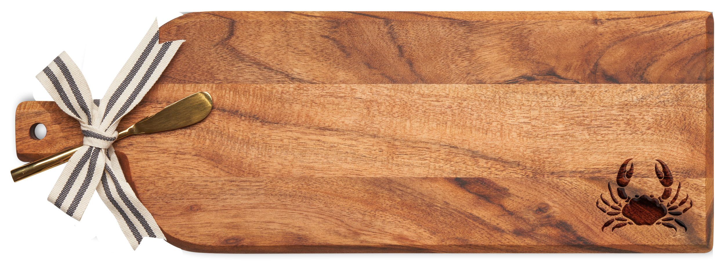 Premium Acacia Wood Beveled Cheese Board with Ribbon & Gold Cheese Spreader Knife - Elegant Crab Design - 20
