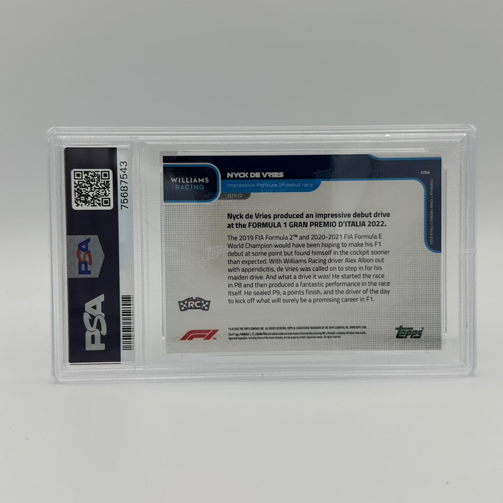 PSA 9 Graded 4/10 Nyck de Vries Formula 1 Debut Rookie Card #056 Blue - Perfect for F1 Collectors and Racing Memorabilia Displays
