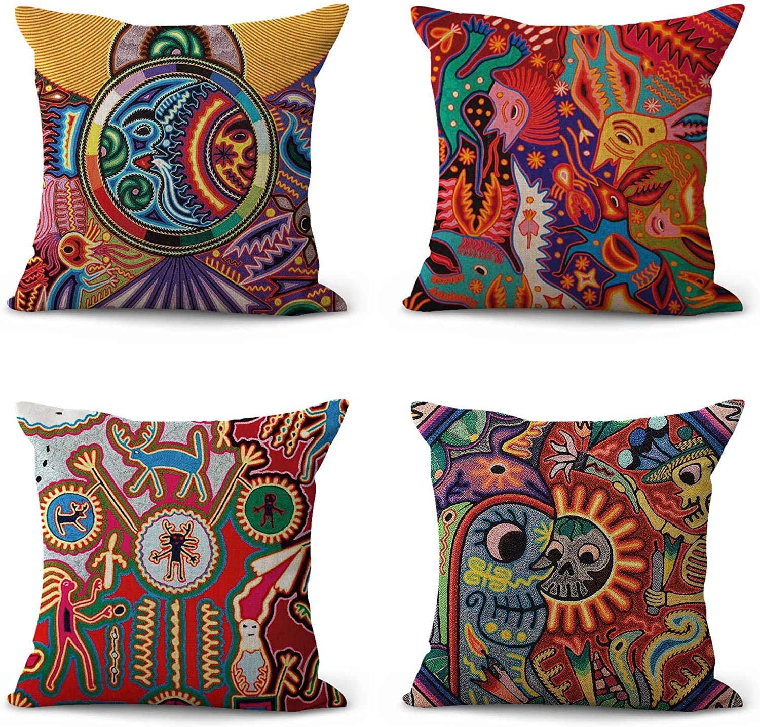 ArtSocket Set of 4 Linen Throw Pillow Covers 20x20 Inches - Mexican Huichol Embroidery Square Decorative Pillow Cases for Sofa, Bed & Home Decor | Boho Chic Living Room & Bedroom Accent Pillows