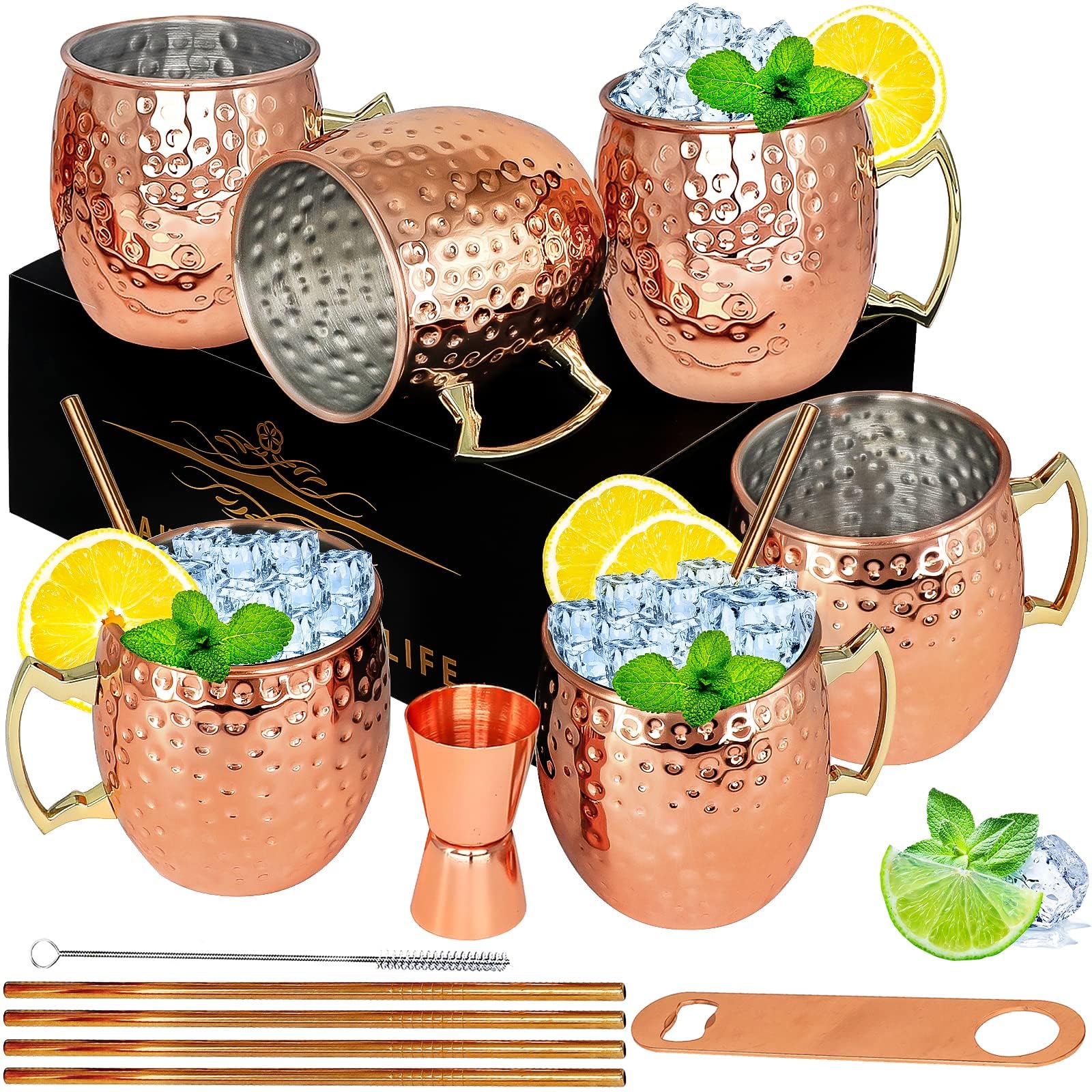 LINALL Moscow Mule Copper Mugs - Set of 6 (18oz) Copper Plated Stainless Steel Cups for Cocktails, Iced Coffee & Chilled Beverages - Perfect for Parties, Bars & Home Entertaining