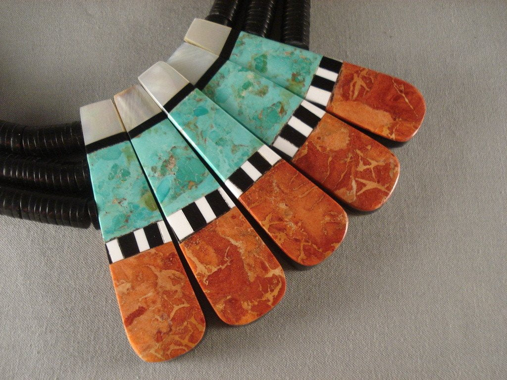 Vintage Santo Domingo Turquoise Coral Necklace with Advanced Inlay - Handmade Southwest Jewelry for Women, Boho Chic Accessory, Perfect for Festivals & Special Occasions