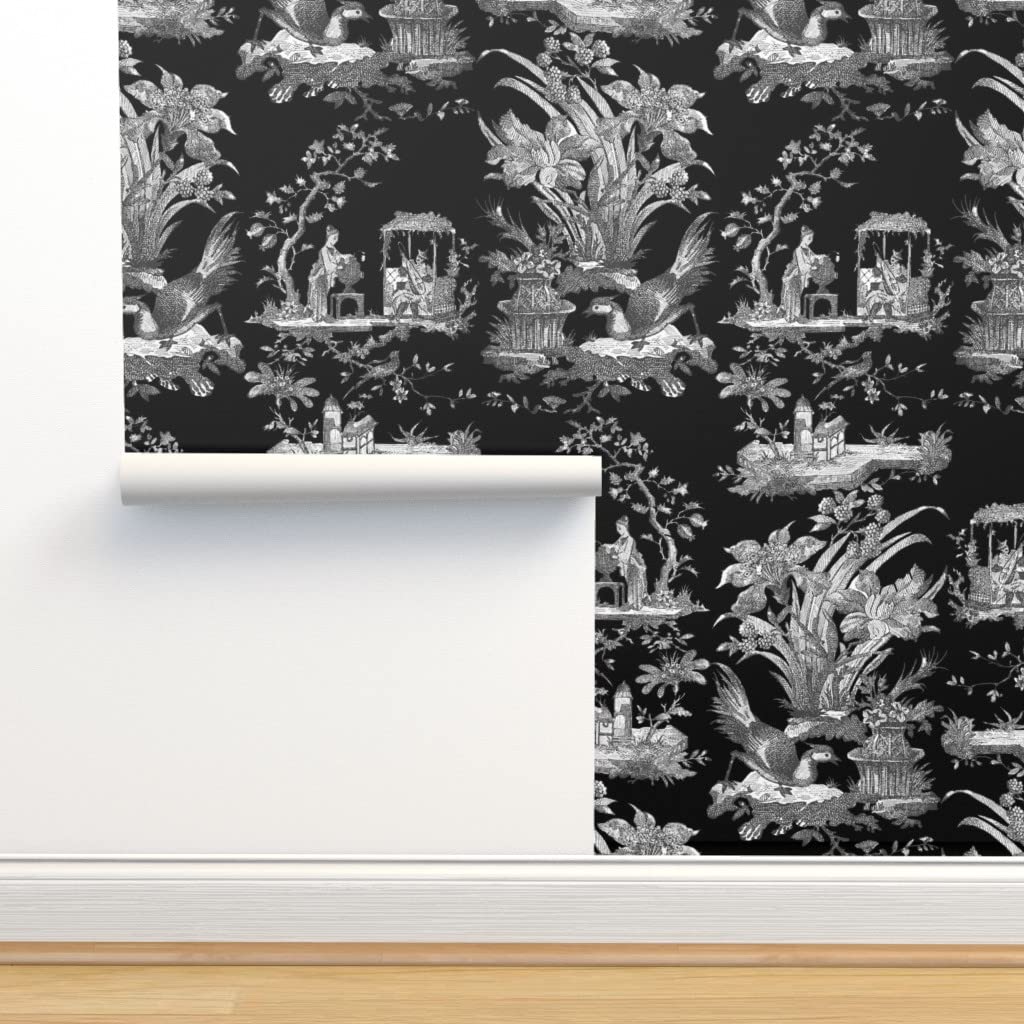 Removable Wallpaper 12ft x 2ft - Chinoiserie Toile Black White Asian Modern Chinese Design | Self-Adhesive Peel & Stick Wallpaper for Bedroom, Living Room, Nursery Decor | Spoonflower