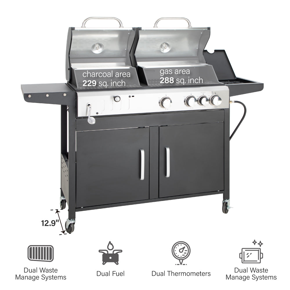Captiva Designs Outdoor Propane and Charcoal Grill Combo - Portable BBQ Grill for Backyard, Camping & Tailgating - Heavy Duty Stainless Steel Gas & Charcoal Grill Combo with Side Shelves