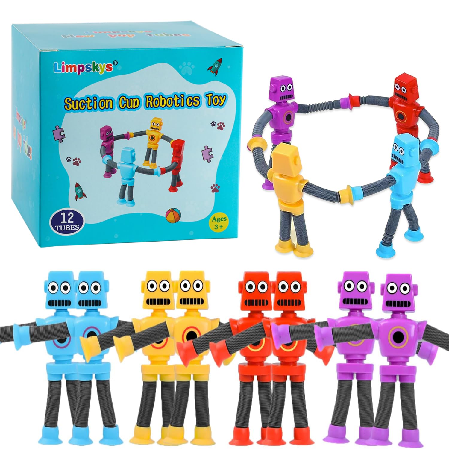 12 Pack Suction Cup Robot Toys for Kids Ages 3-7 - Fun Pop Tubes Robots, Mini Sensory Toys for Autism & Special Needs - Perfect for Playtime, Learning & Stress Relief