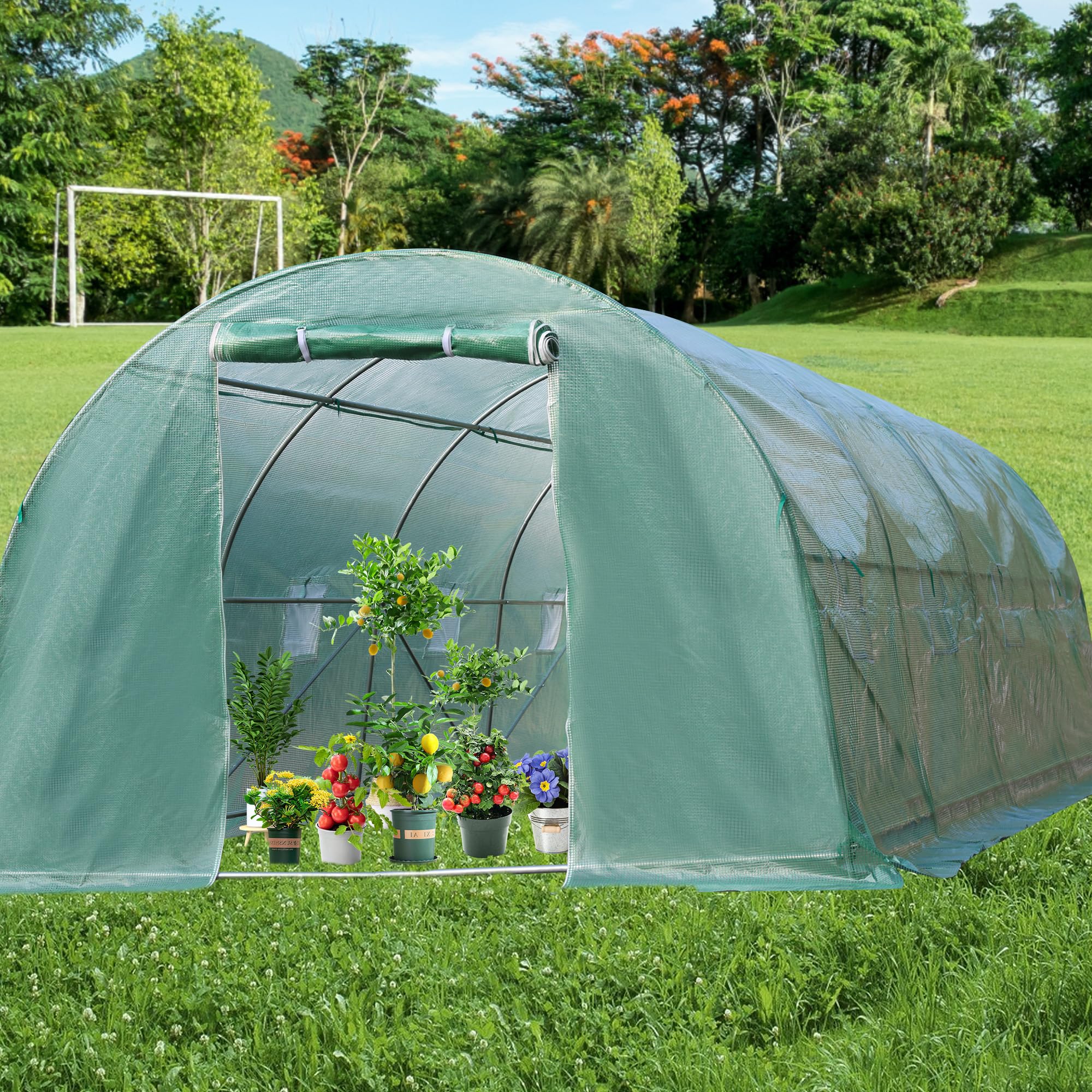 20x10x7FT Heavy-Duty Greenhouse Tunnel with Sturdy Metal Frame & PE Cover - Walk-In Design, Roll-Up Zipper Door & Ventilated Windows for Outdoor Gardening, Plant Growing & Backyard Shelter (Green) - Perfect for Home Gardeners, Urban Farming & Year-Round Plant Protection