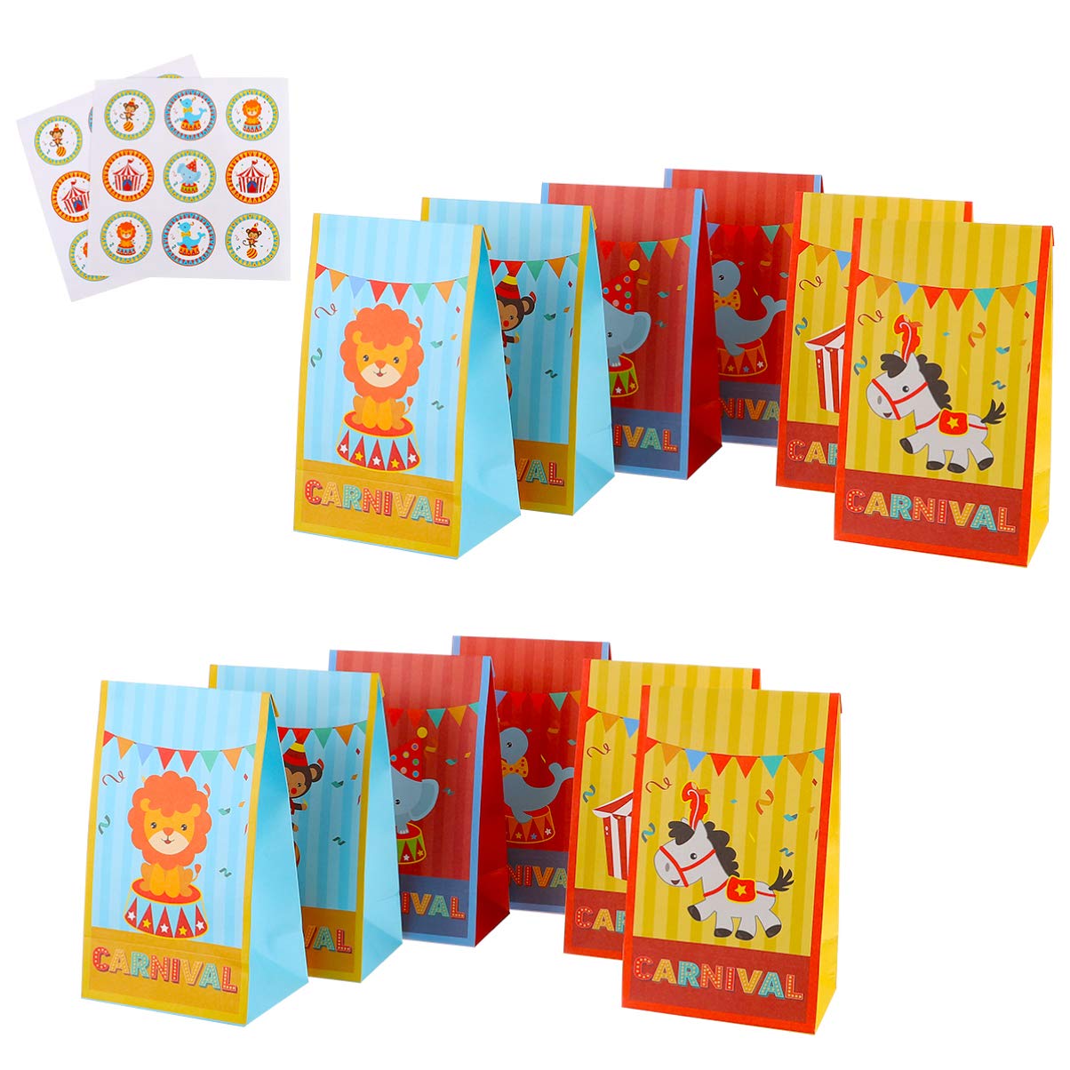 Zerodeko Premium Gift Paper Bags - 10 Pack Candy Tote Bags with Decorative Stickers for Birthday Party, Carnival & Circus Themed Events | Perfect for Kids Gifts, Party Favors & Home Decor