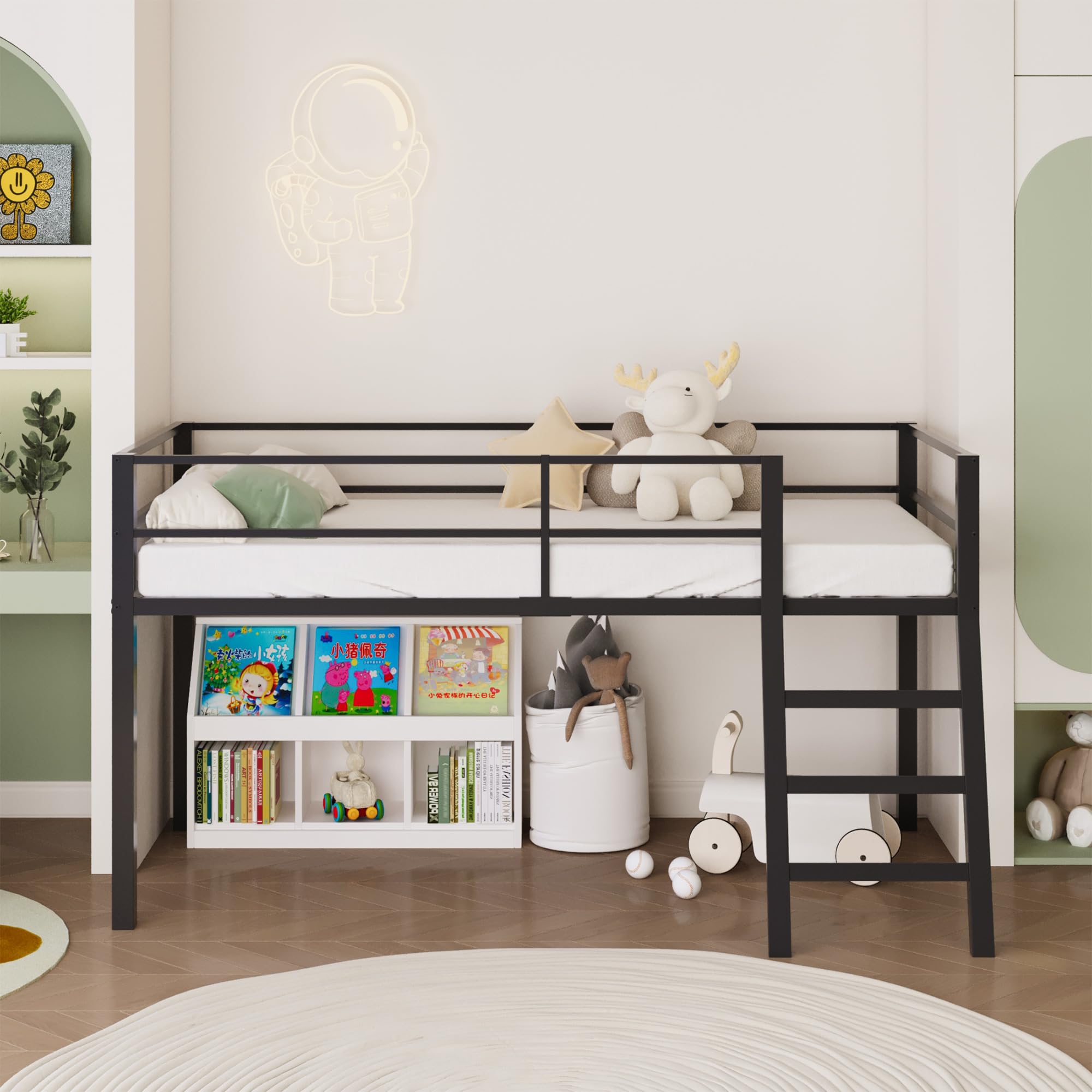 Low Loft Bed Twin Size - Sturdy Metal Junior Loft Bed with Stairs & Safety Rail | Quiet Design for Small Bedrooms | Black | Perfect for Kids' Rooms, Dorms & Space-Saving Bedroom Solutions