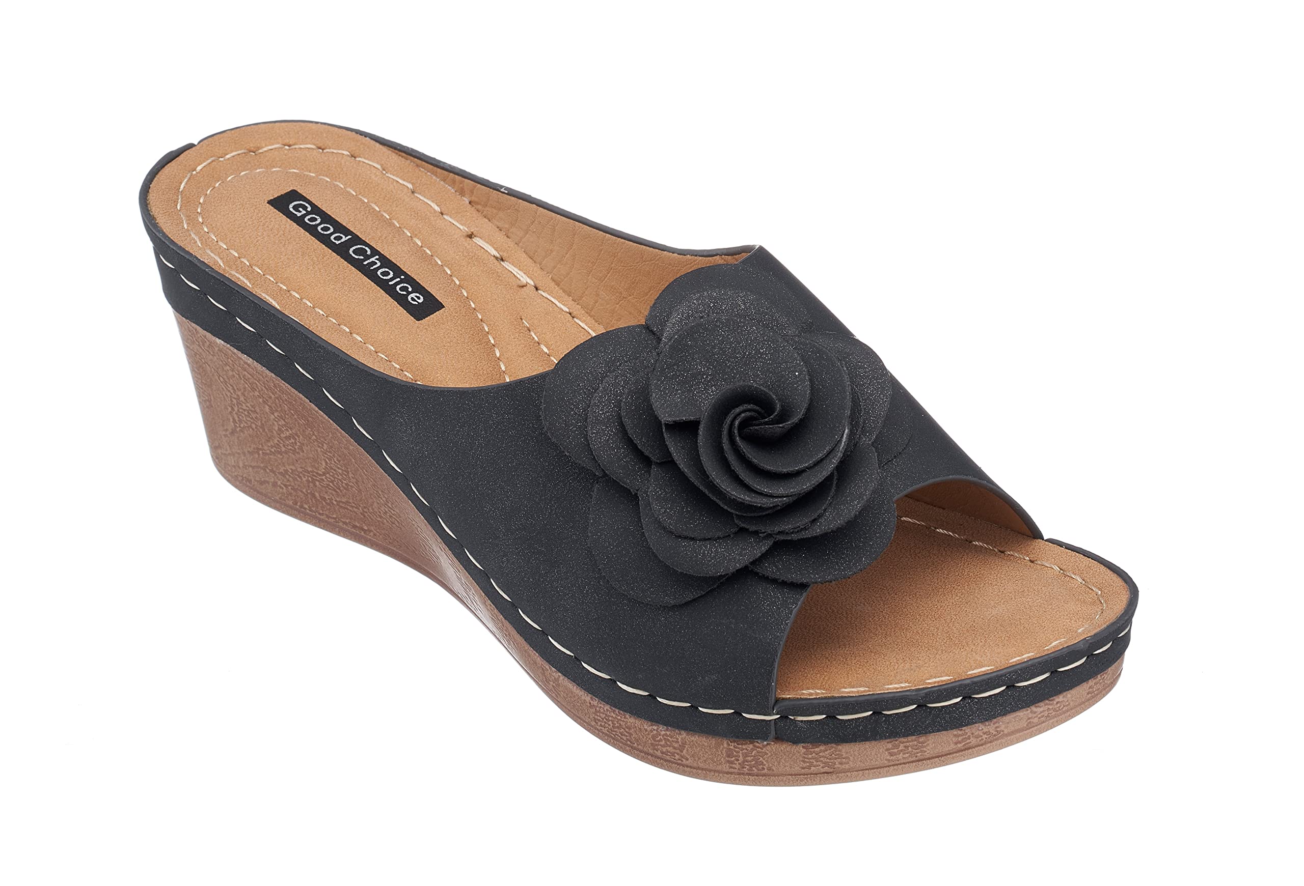 GC Women's Wedge Sandals - Open Toe Mid Heel Platform Sandals with Comfy Perforated Vegan Leather Straps | Tokyo/Black/Size 7 | Perfect for Summer, Beach, and Casual Outings