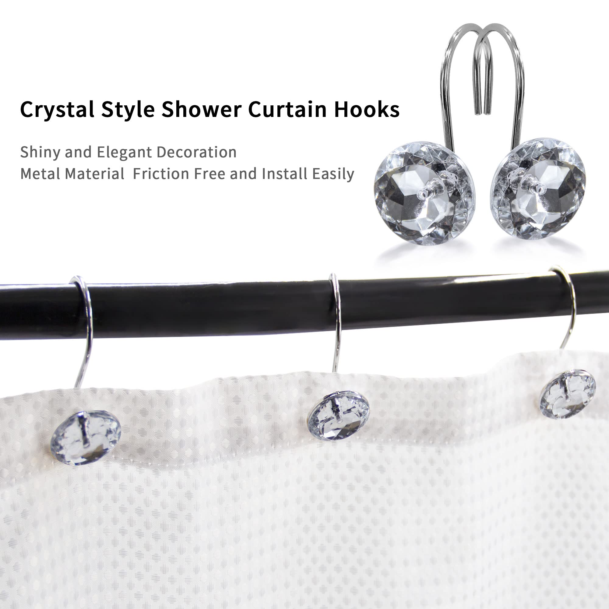 Rust-Proof Silver Shower Curtain Hooks & Rings - 12 Pack White Metal Shower Hooks for Bathroom Curtain Liners & Rods | Durable Bath Accessories for Home, Apartment & Hotel Use