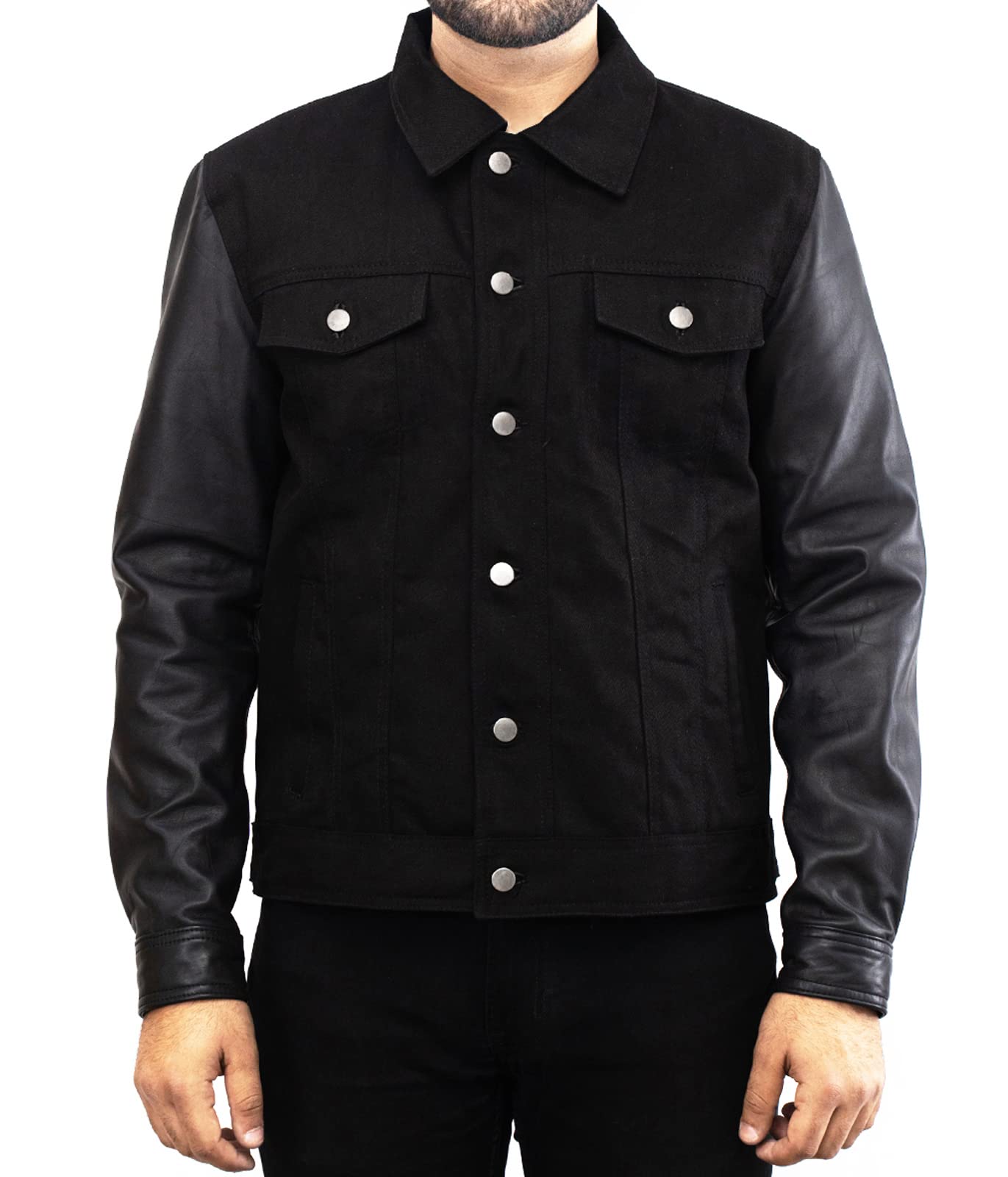 Men's Black David Varsity Lightweight Bomber Leather Jacket - Letterman Baseball Denim Jacket for Men (XS, Fits Chest 38-39