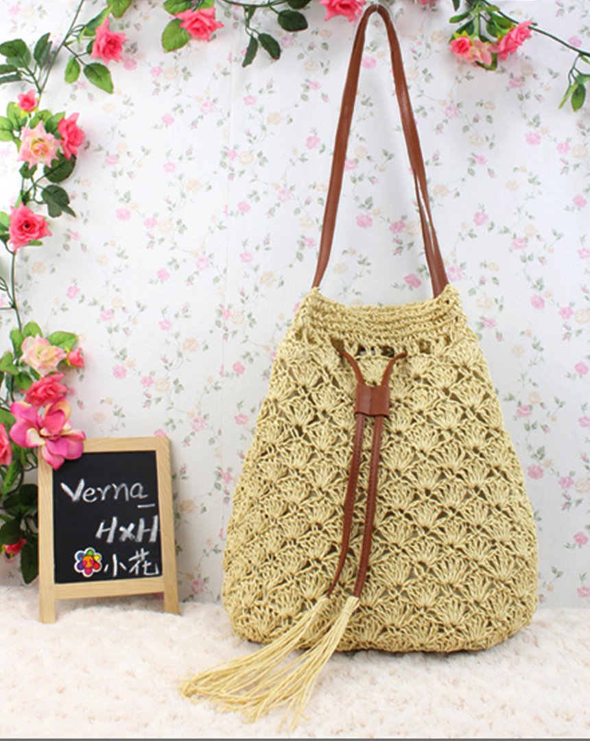 CLARA Women's Straw Woven Beach Bag - Summer Drawstring Bucket Tote & Shoulder Handbag Purse for Vacation, Pool, Travel & Shopping
