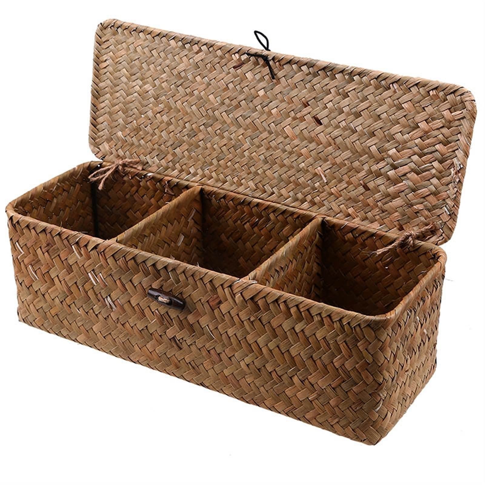 Vintage Handmade Rattan Storage Box with Lid - 3 Grid Straw Desktop Organizer Basket for Home Office, Bathroom & Nursery (Yellow)