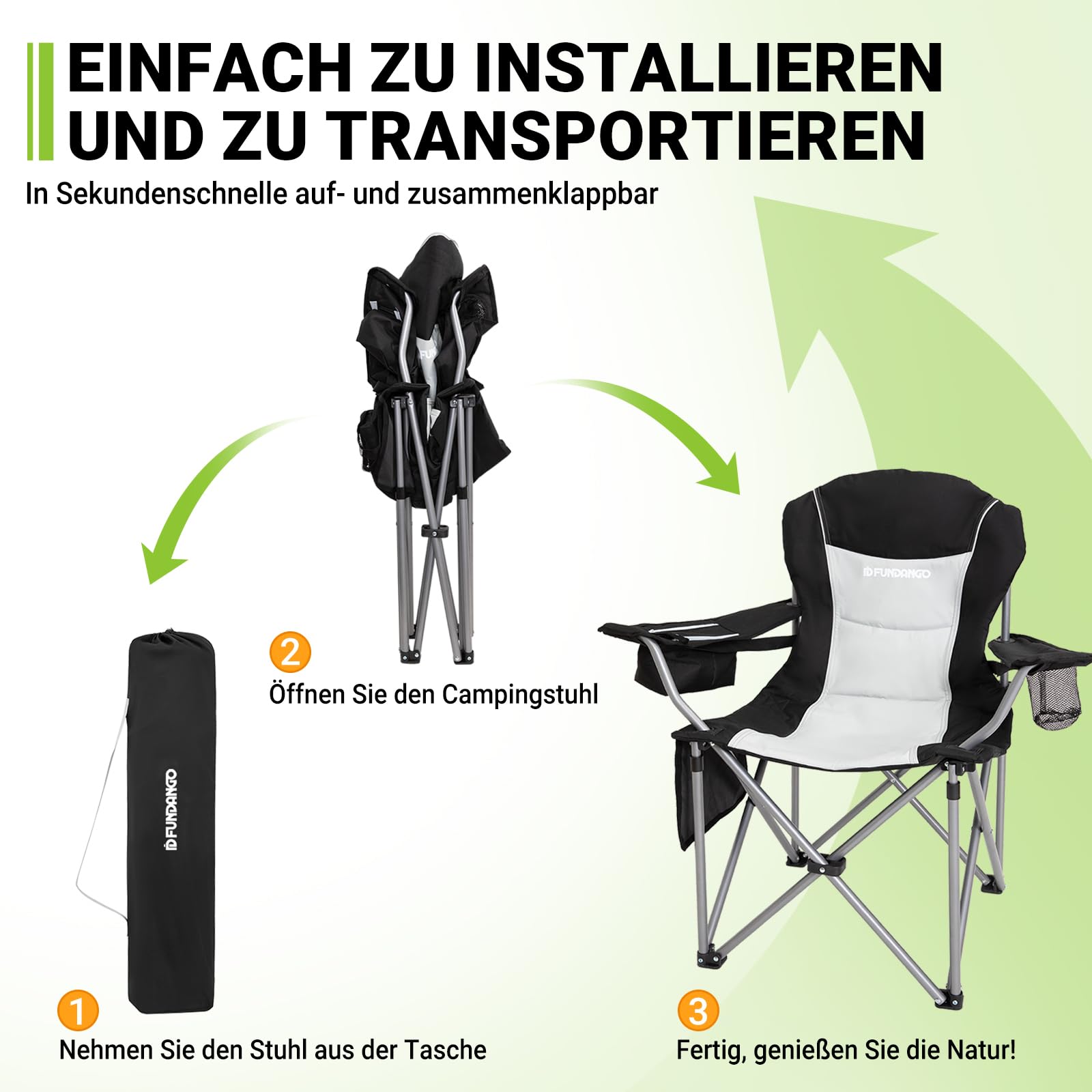 FUNDANGO Folding Camping Chair with Padded Seat, Cup Holder & Cooler Bag - Adjustable High Back Recliner for Outdoor, Fishing, Garden, Picnic & Beach Use